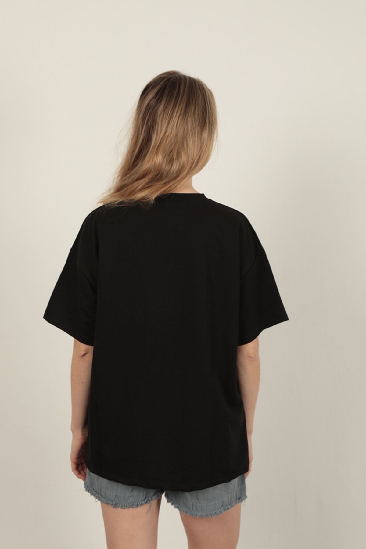 Sıfır Yaka Oversize İki İplik Tişört-Siyah