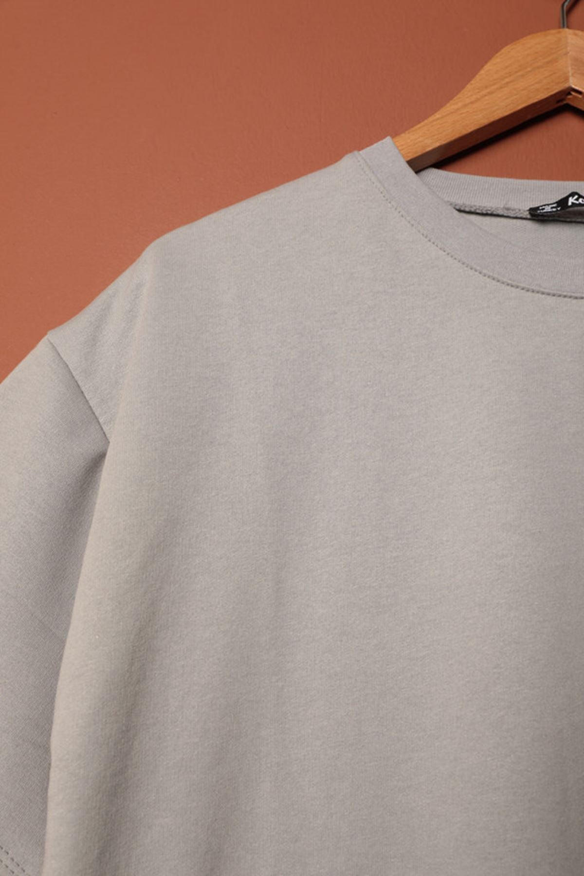 Sıfır Yaka Oversize İki İplik Tişört-Gri