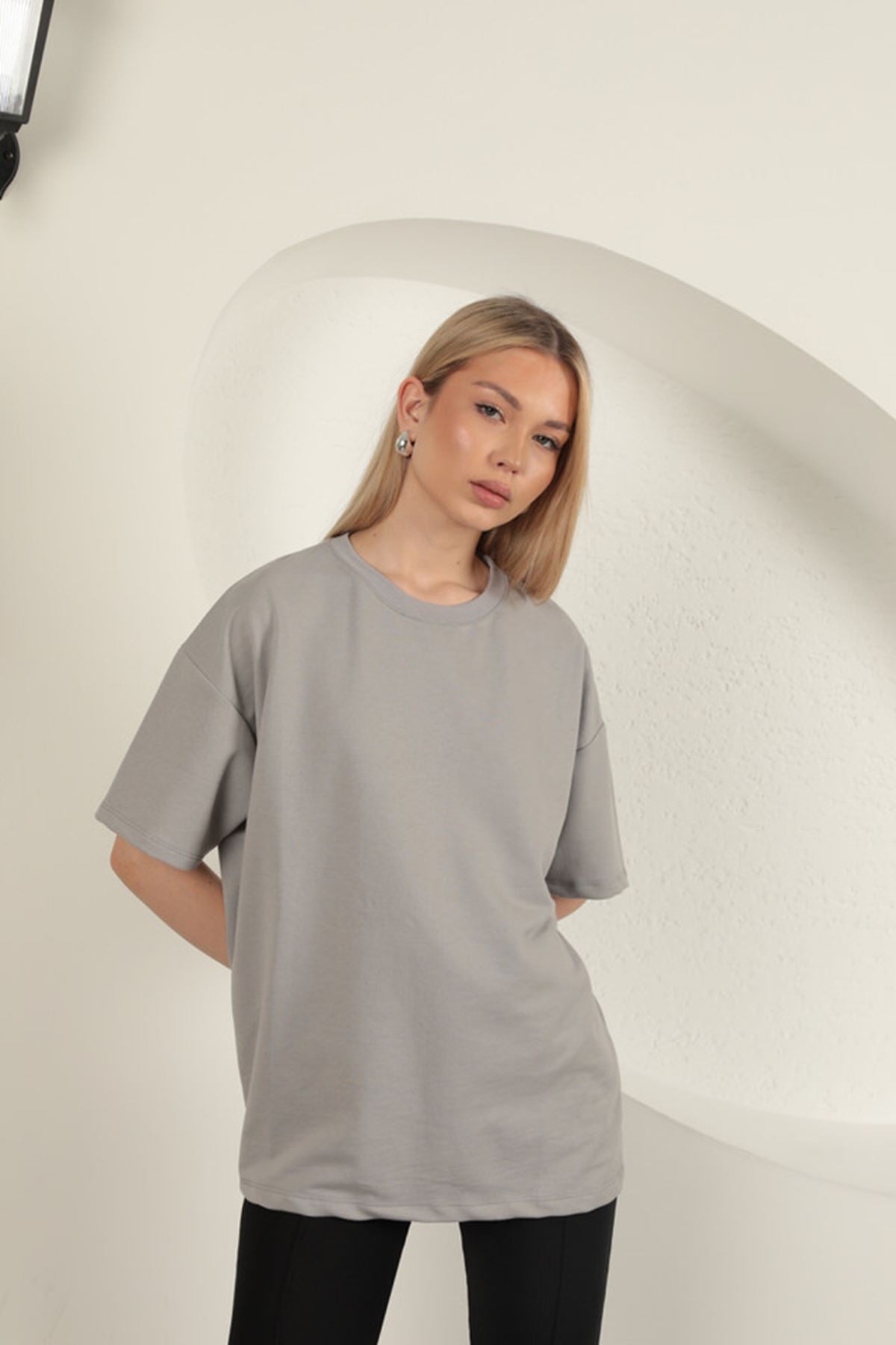 Sıfır Yaka Oversize İki İplik Tişört-Gri