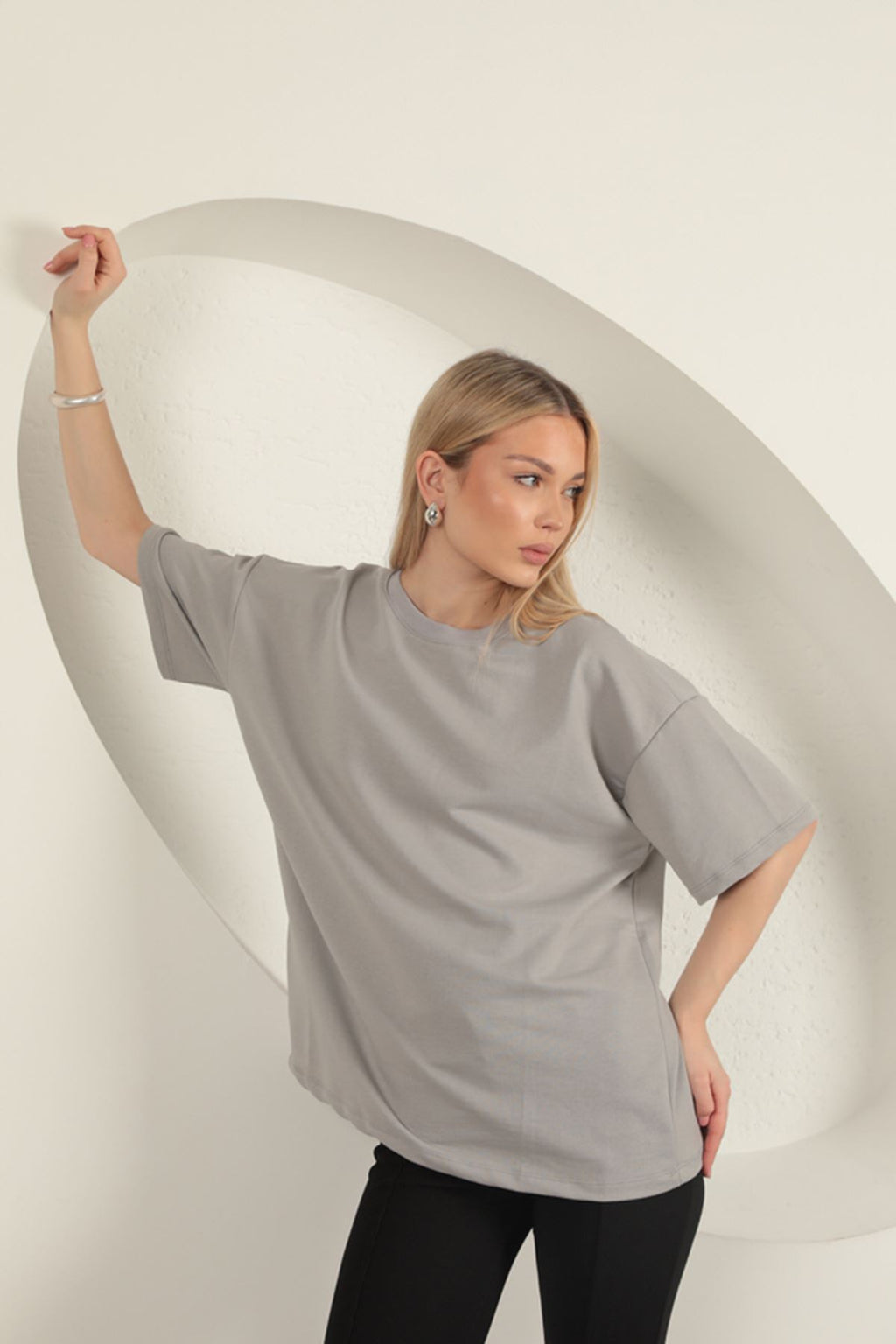 Sıfır Yaka Oversize İki İplik Tişört-Gri