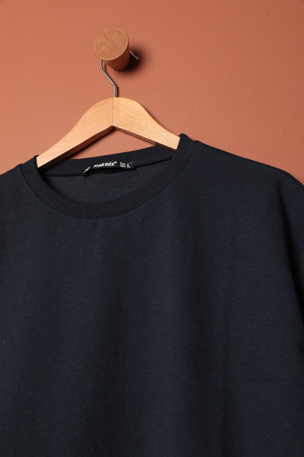 Sıfır Yaka Oversize İki İplik Tişört-Lacivert
