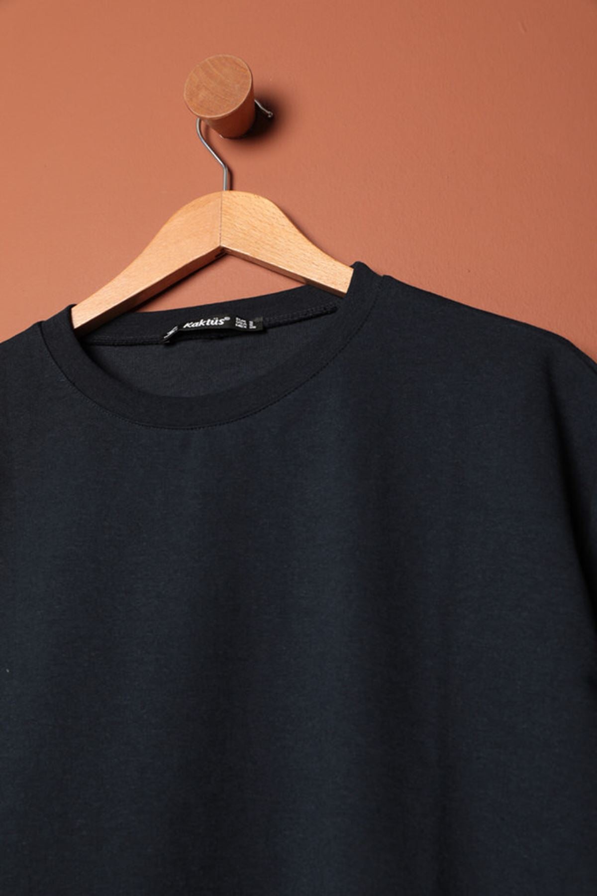 Sıfır Yaka Oversize İki İplik Tişört-Lacivert