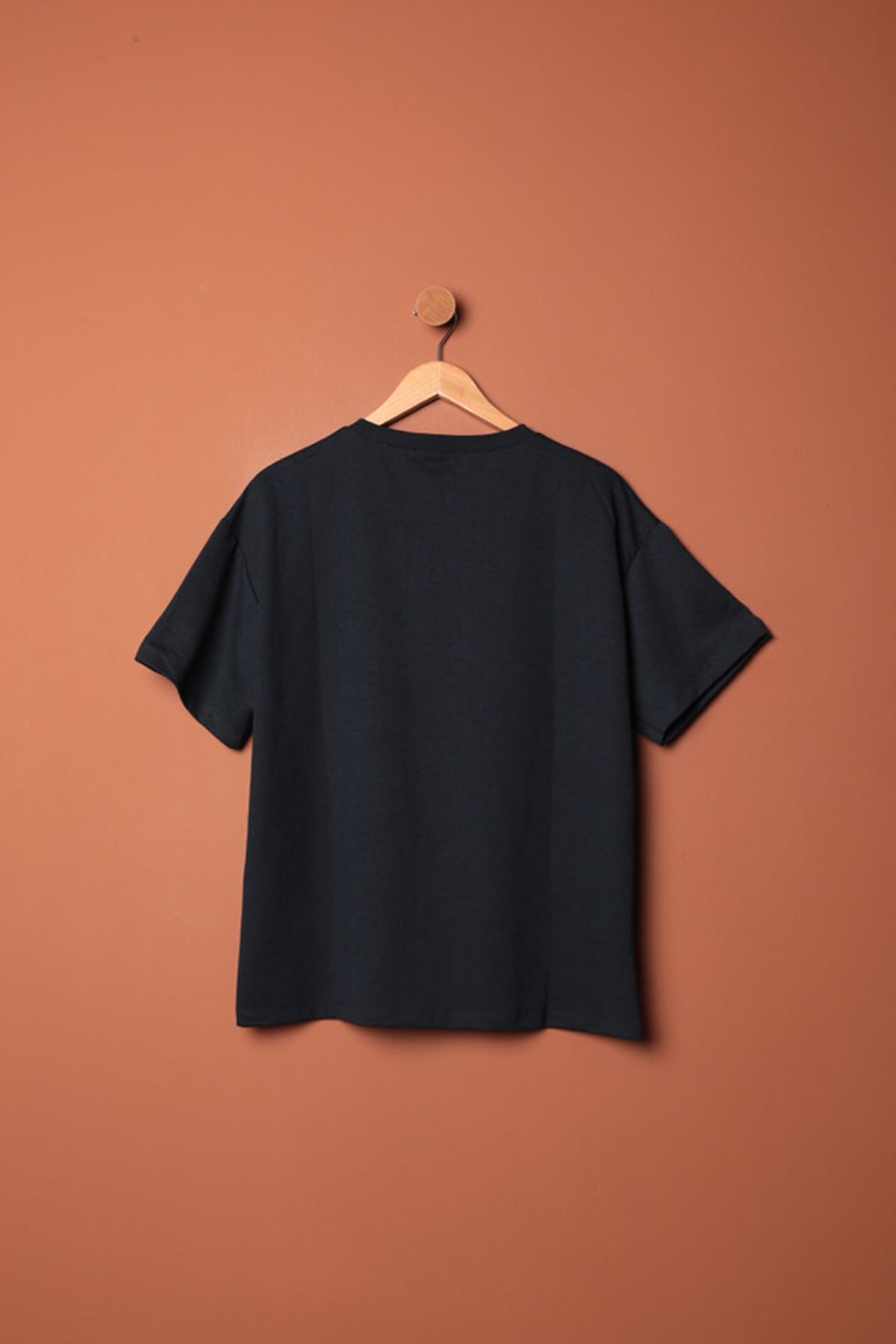 Sıfır Yaka Oversize İki İplik Tişört-Lacivert