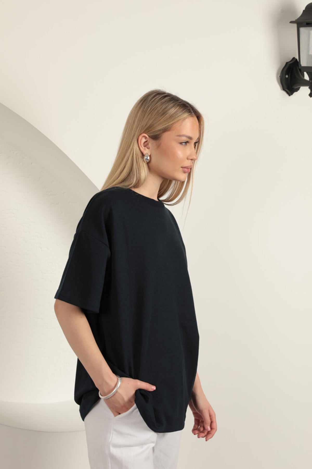 Sıfır Yaka Oversize İki İplik Tişört-Lacivert