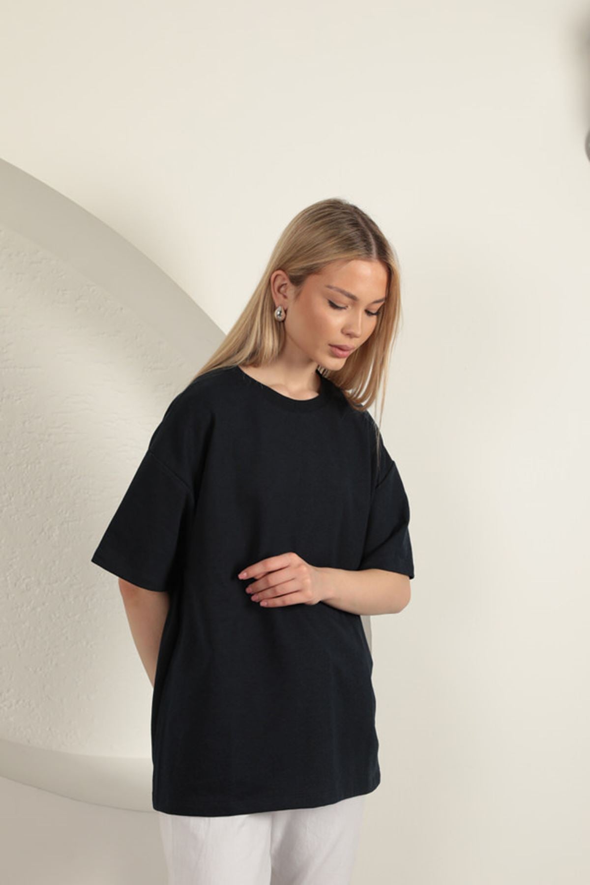 Sıfır Yaka Oversize İki İplik Tişört-Lacivert