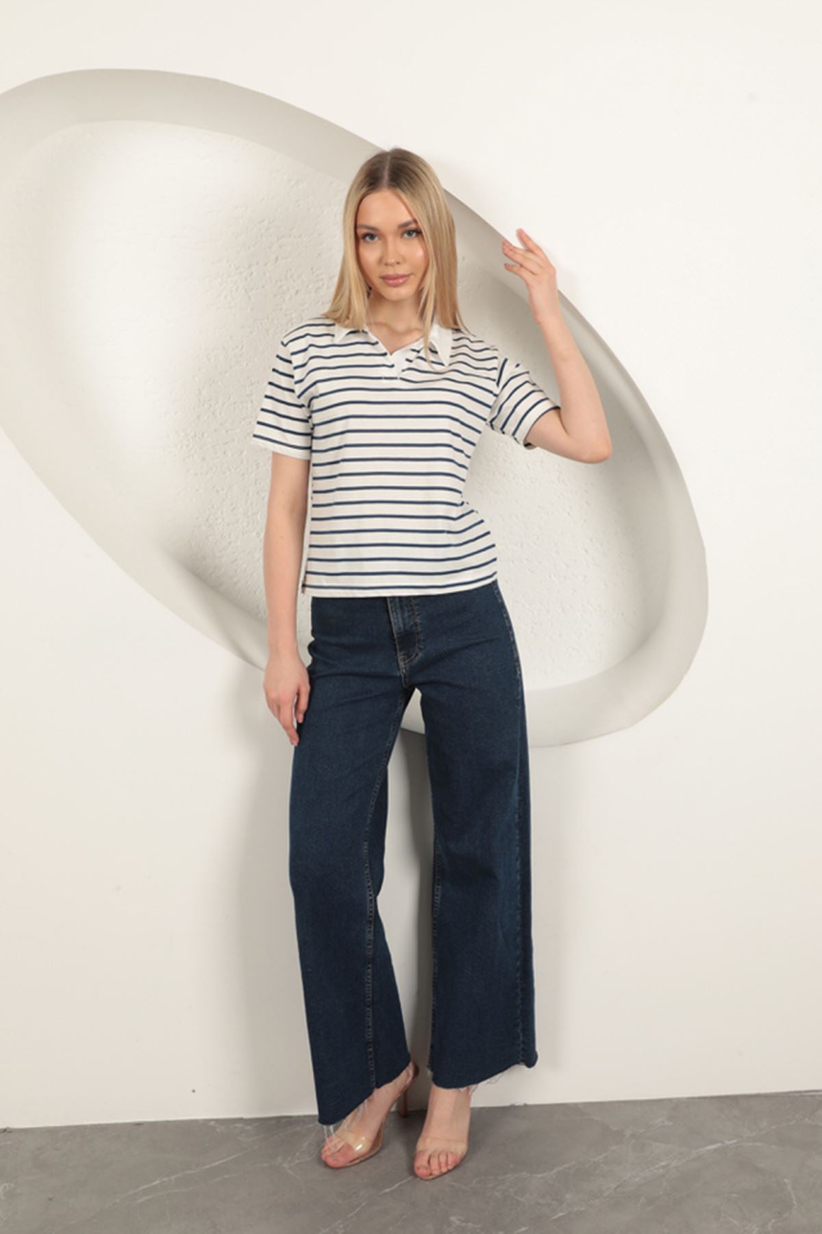 Süprem Kumaş Çizgili Kadın Tişört-Mavi