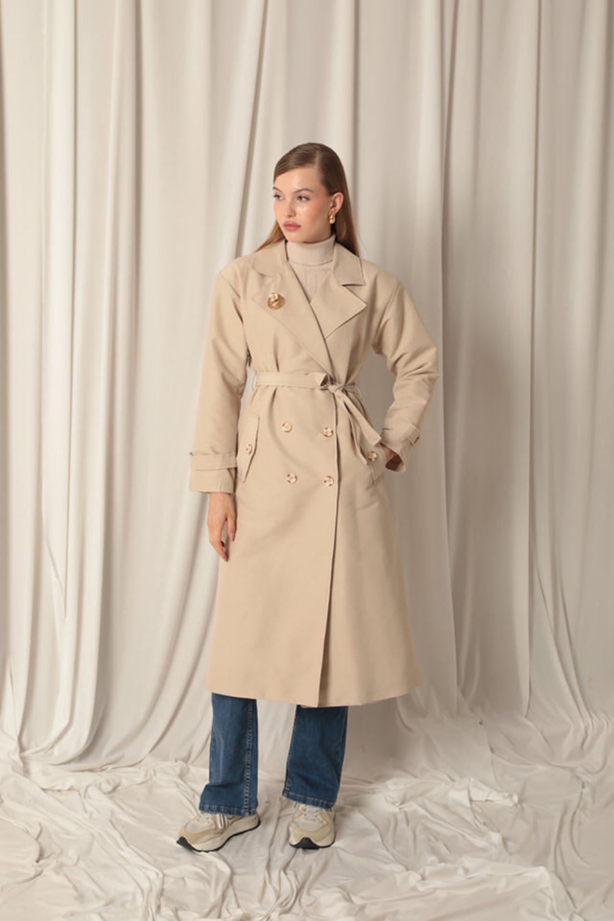 Женский тренчкот с камнем Torino Fabric Brooch Maxi Length