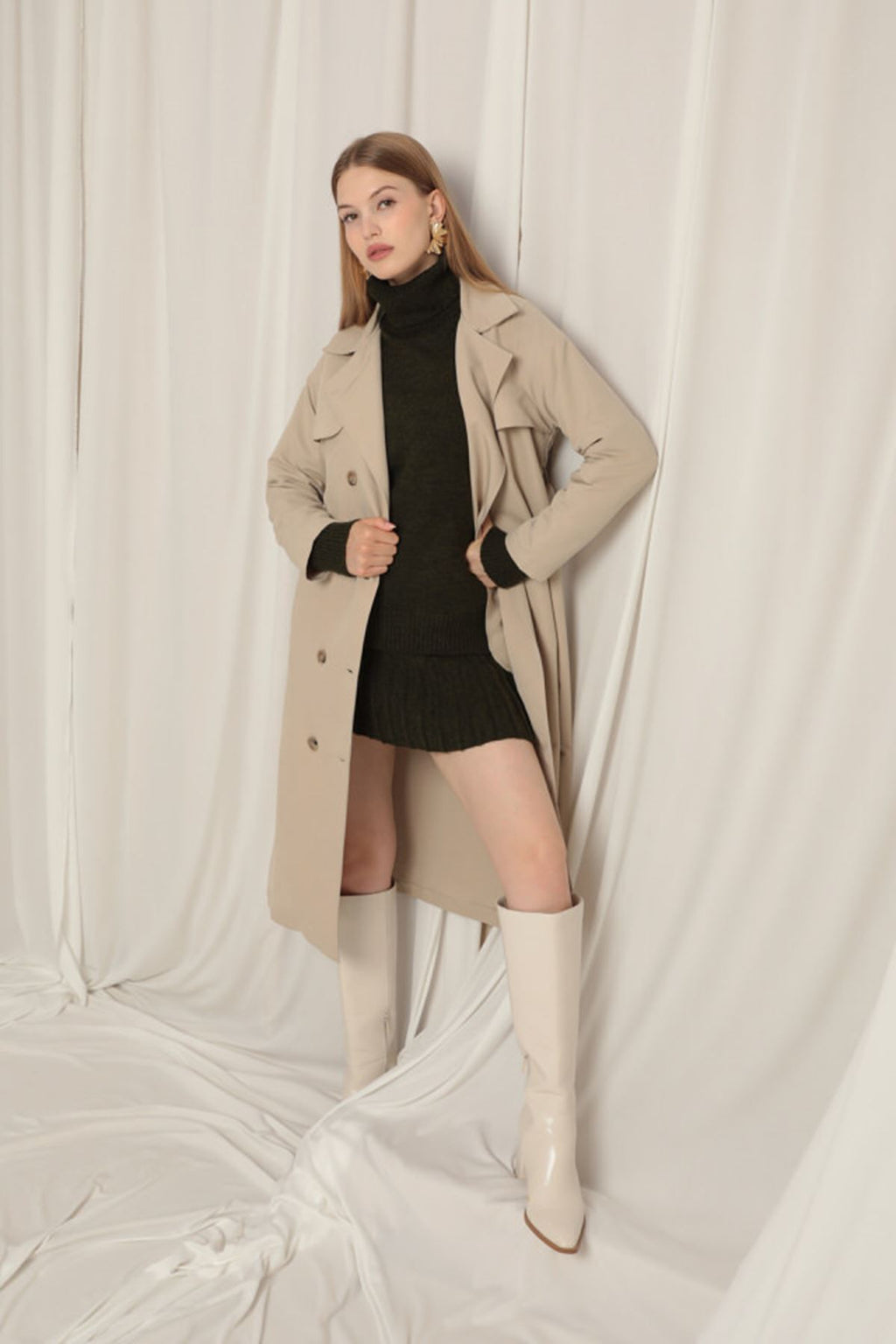 Torino Kumaşın Gelişmekte Olan Maxi Boy Kadın Taş Trençkot