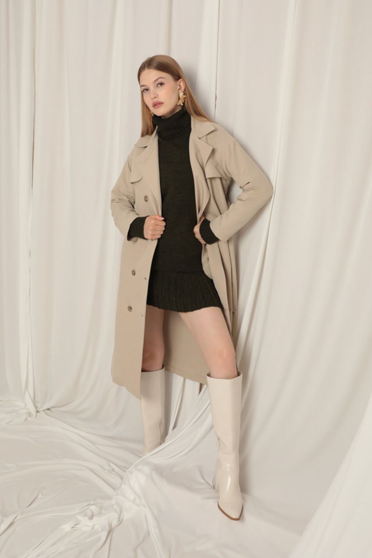 Torino Kumaşın Gelişmekte Olan Maxi Boy Kadın Taş Trençkot