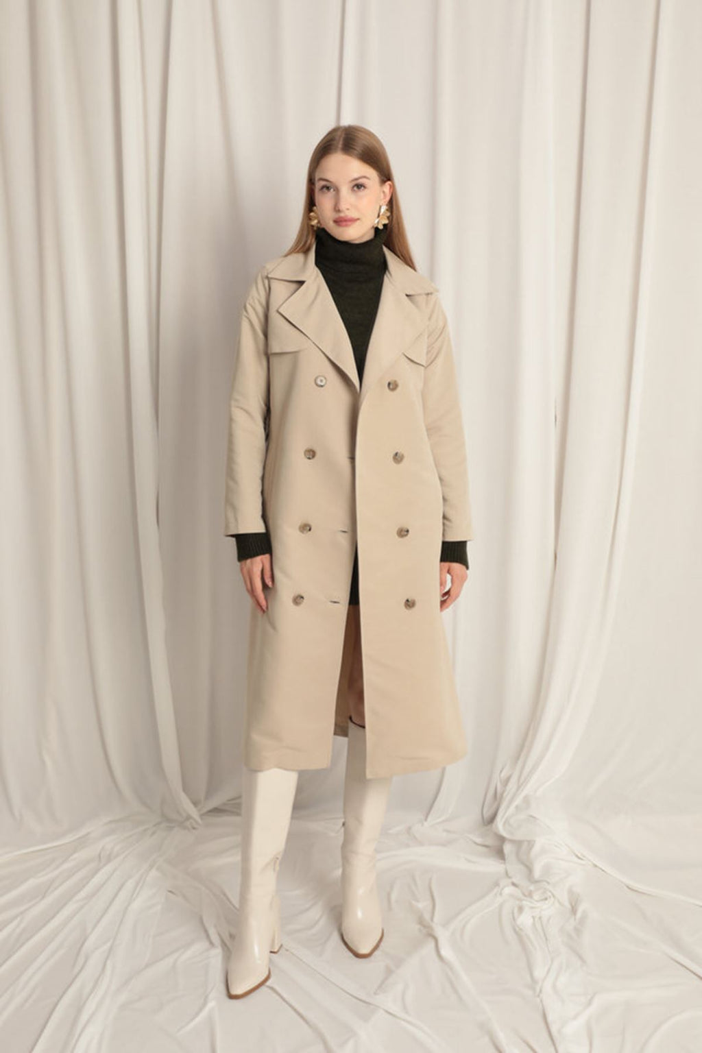 Torino Kumaşın Gelişmekte Olan Maxi Boy Kadın Taş Trençkot