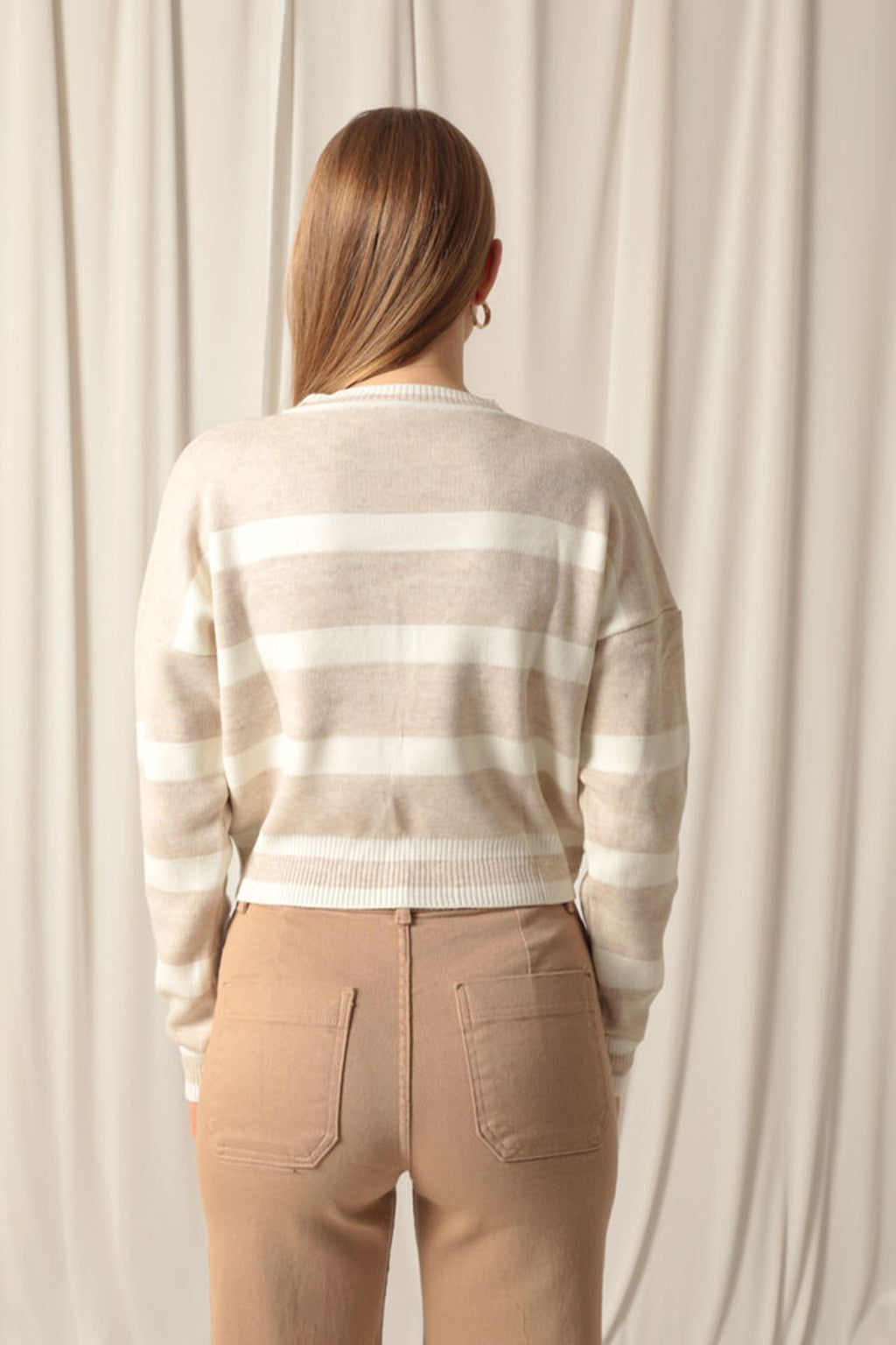 Triko Kumaş Çizgili Kadın Taş Kazak