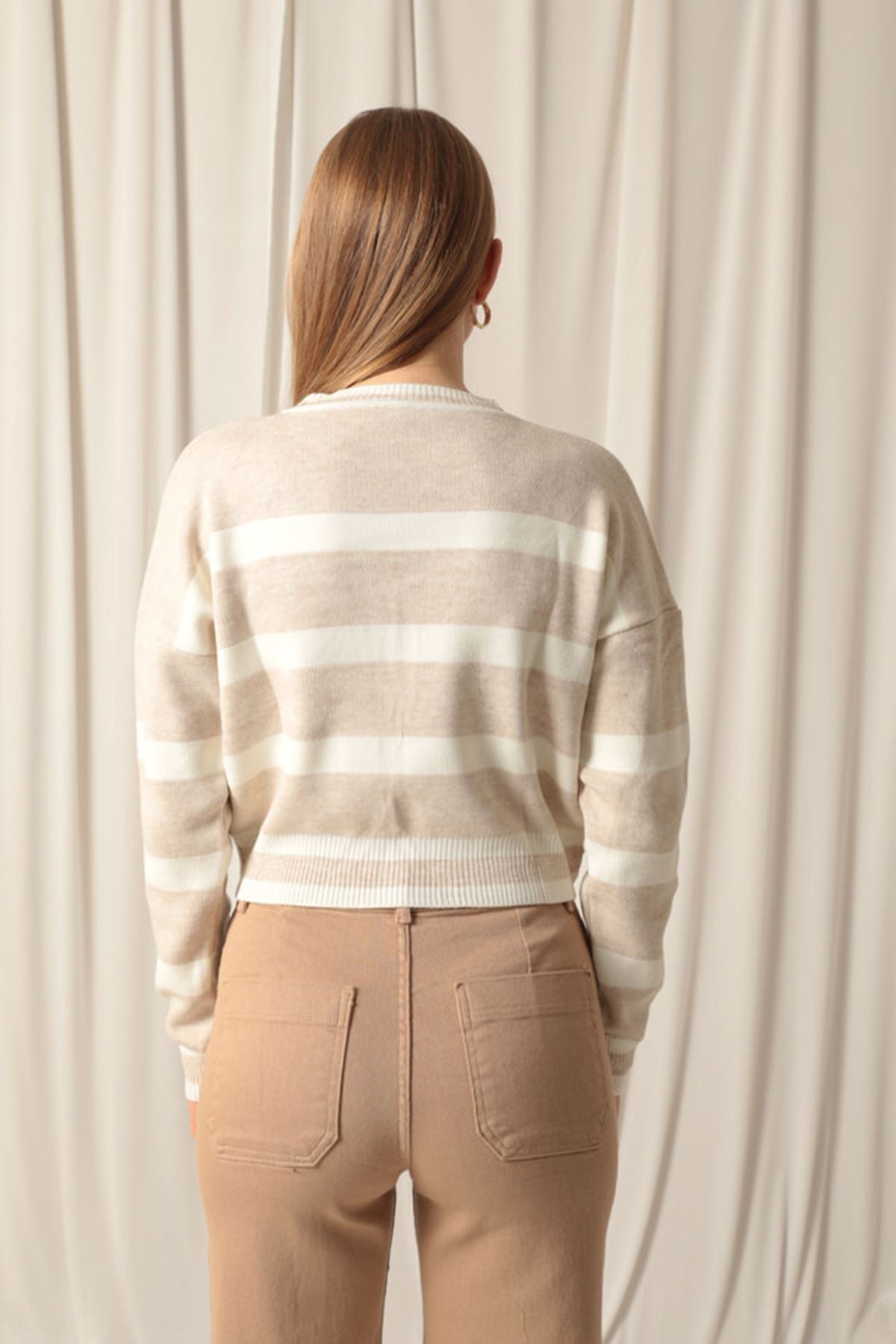 Triko Kumaş Çizgili Kadın Taş Kazak