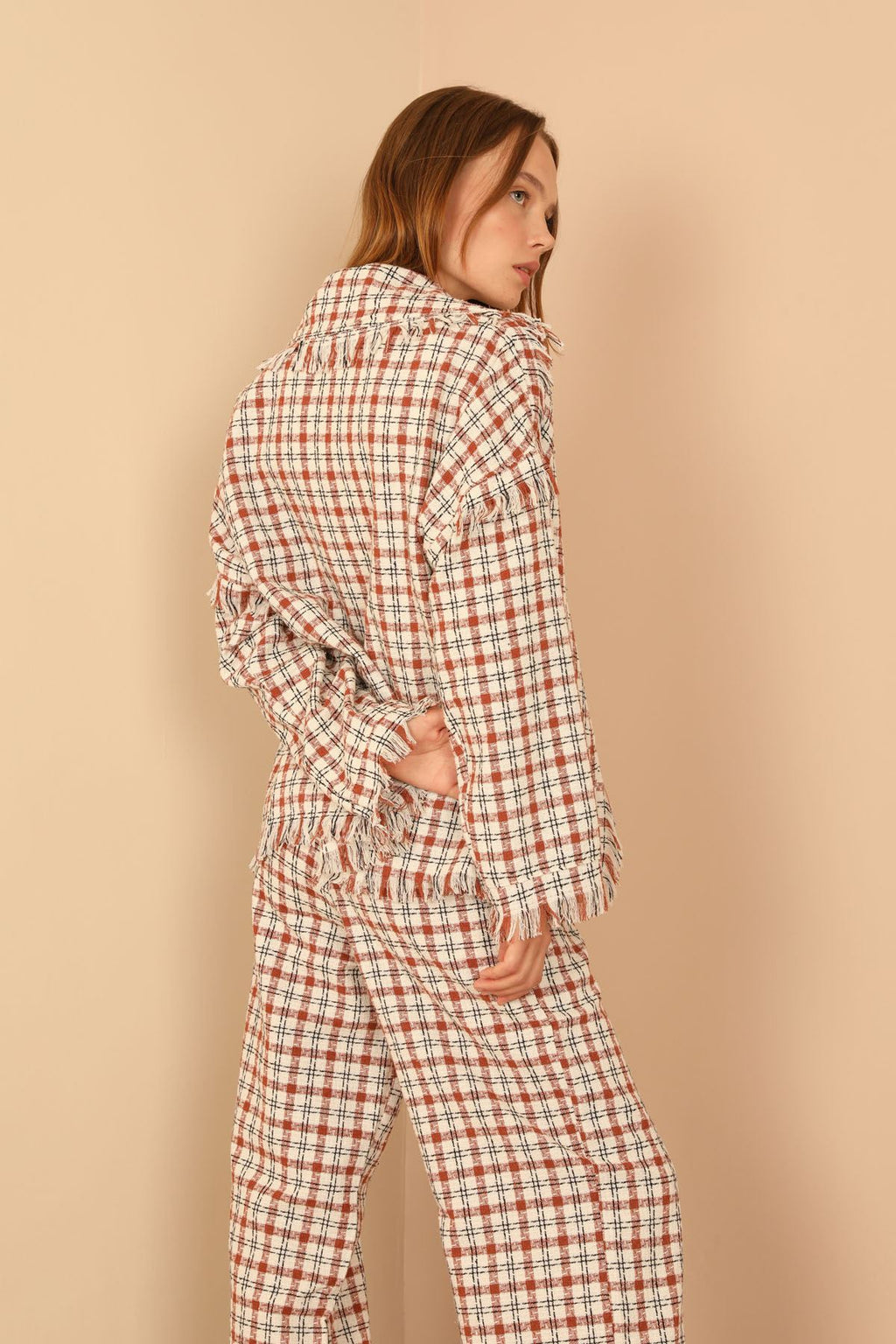 Tüvit Kumaş Uzun Kol Basen Boy Bol Kalıp Kadın Ceket-Taba