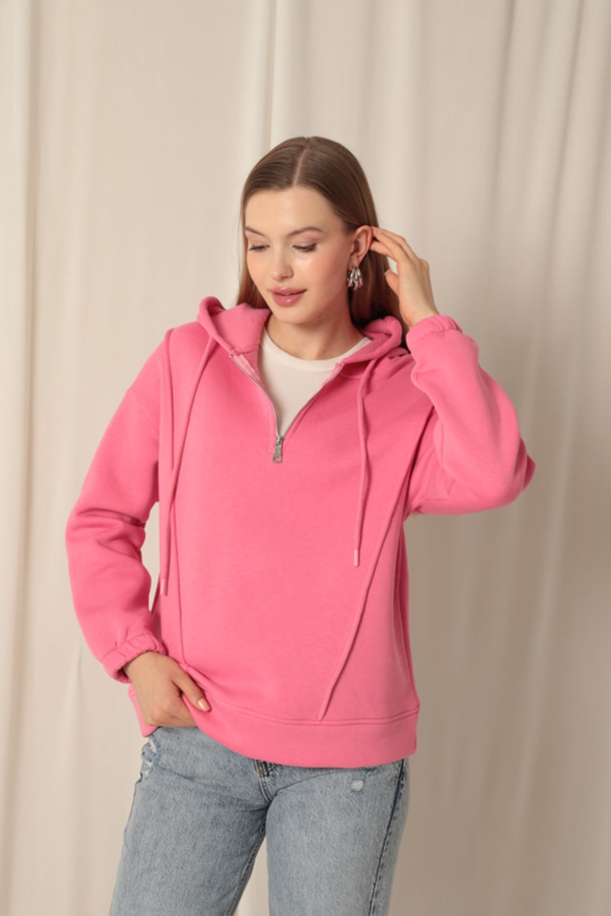 Üç İplik Kumaş Fermuarlı Kadın Pembe Sweat