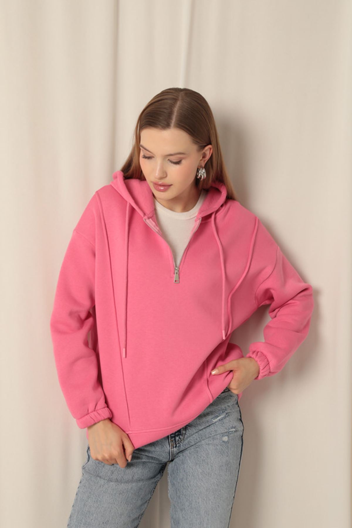 Üç İplik Kumaş Fermuarlı Kadın Pembe Sweat