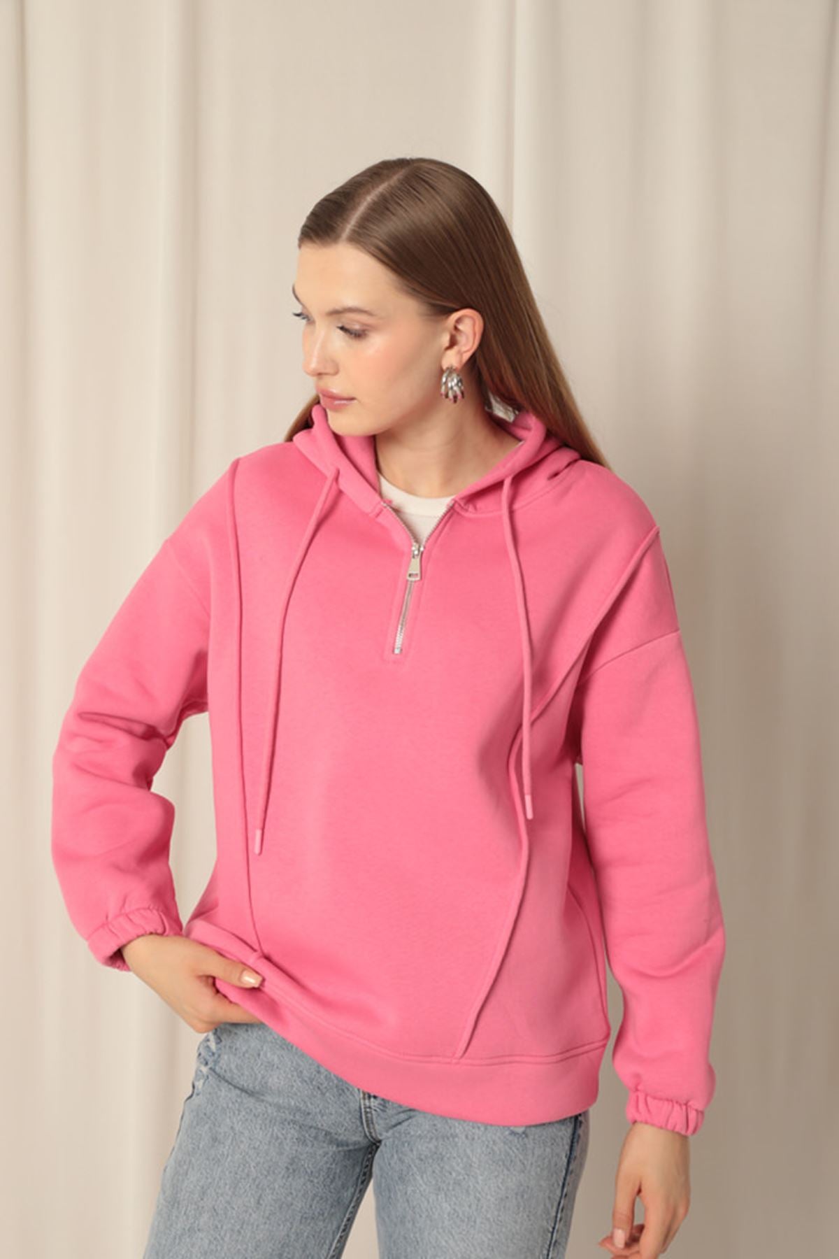 Üç İplik Kumaş Fermuarlı Kadın Pembe Sweat