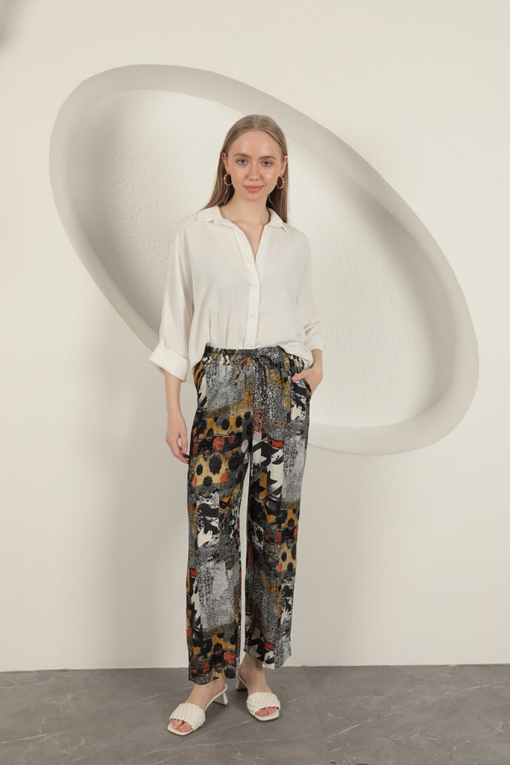 Viskon Kumaş Geniş Kadın Pantolon-Siyah