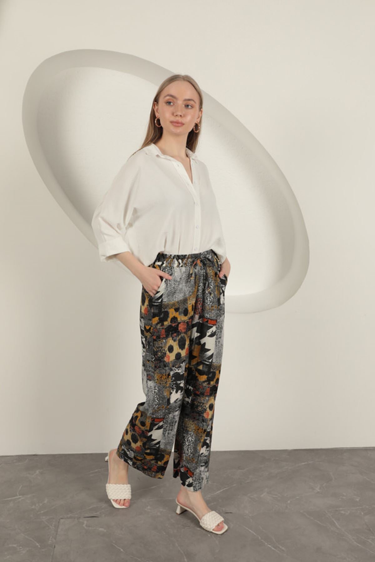 Viskon Kumaş Geniş Kadın Pantolon-Siyah