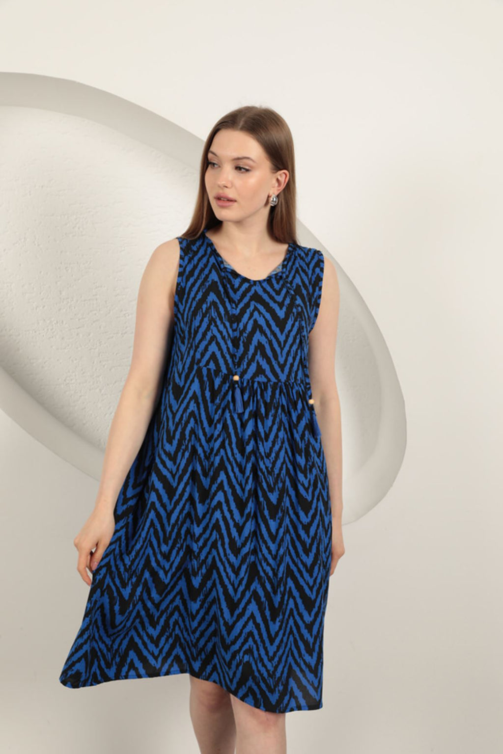 Платье в полоску из вискозной ткани-сакс