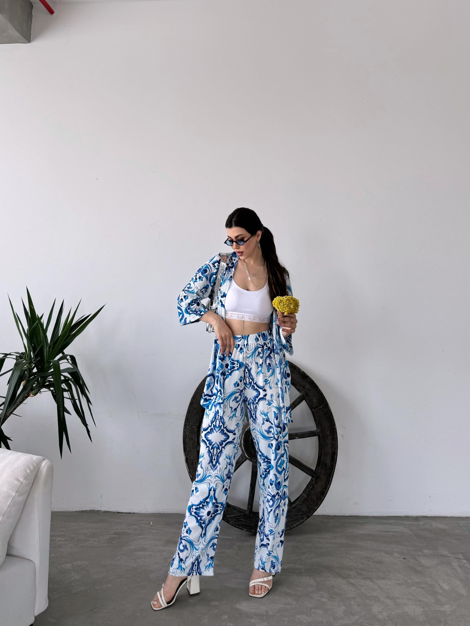 Desenli Kimono Ve Pantolon İkili Takım