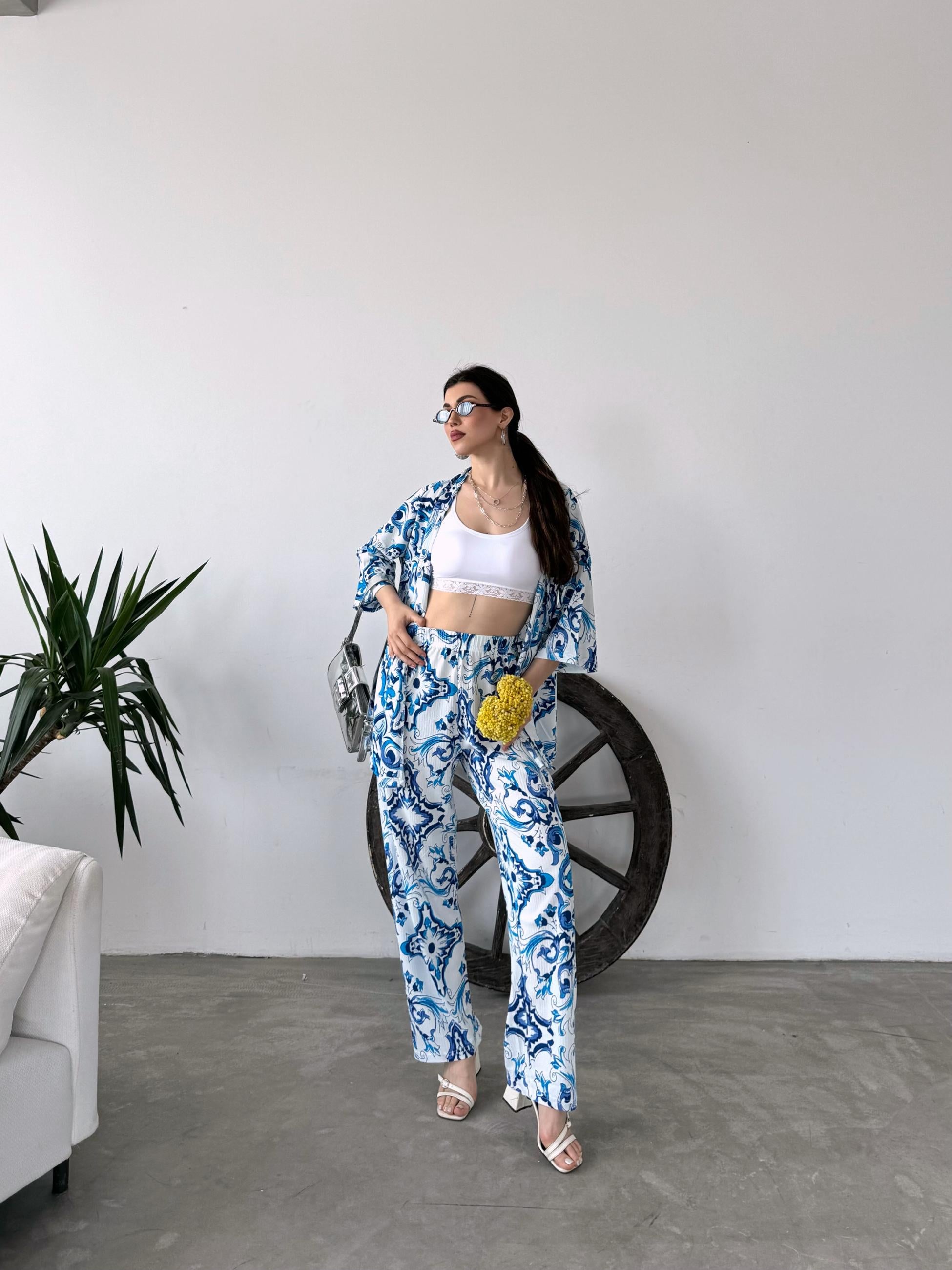 Desenli Kimono Ve Pantolon İkili Takım