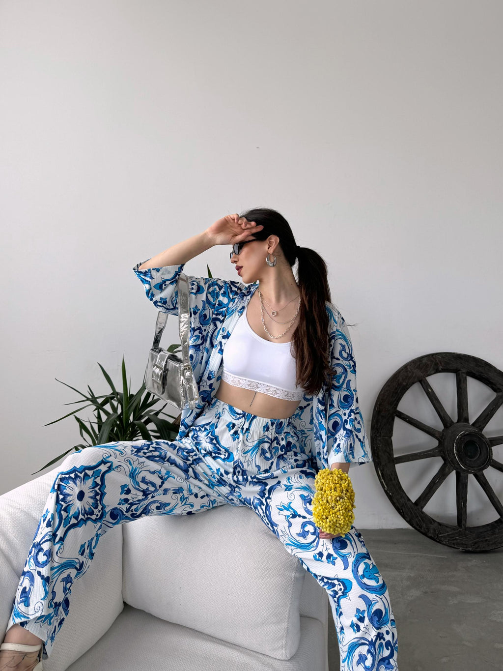 Desenli Kimono Ve Pantolon İkili Takım