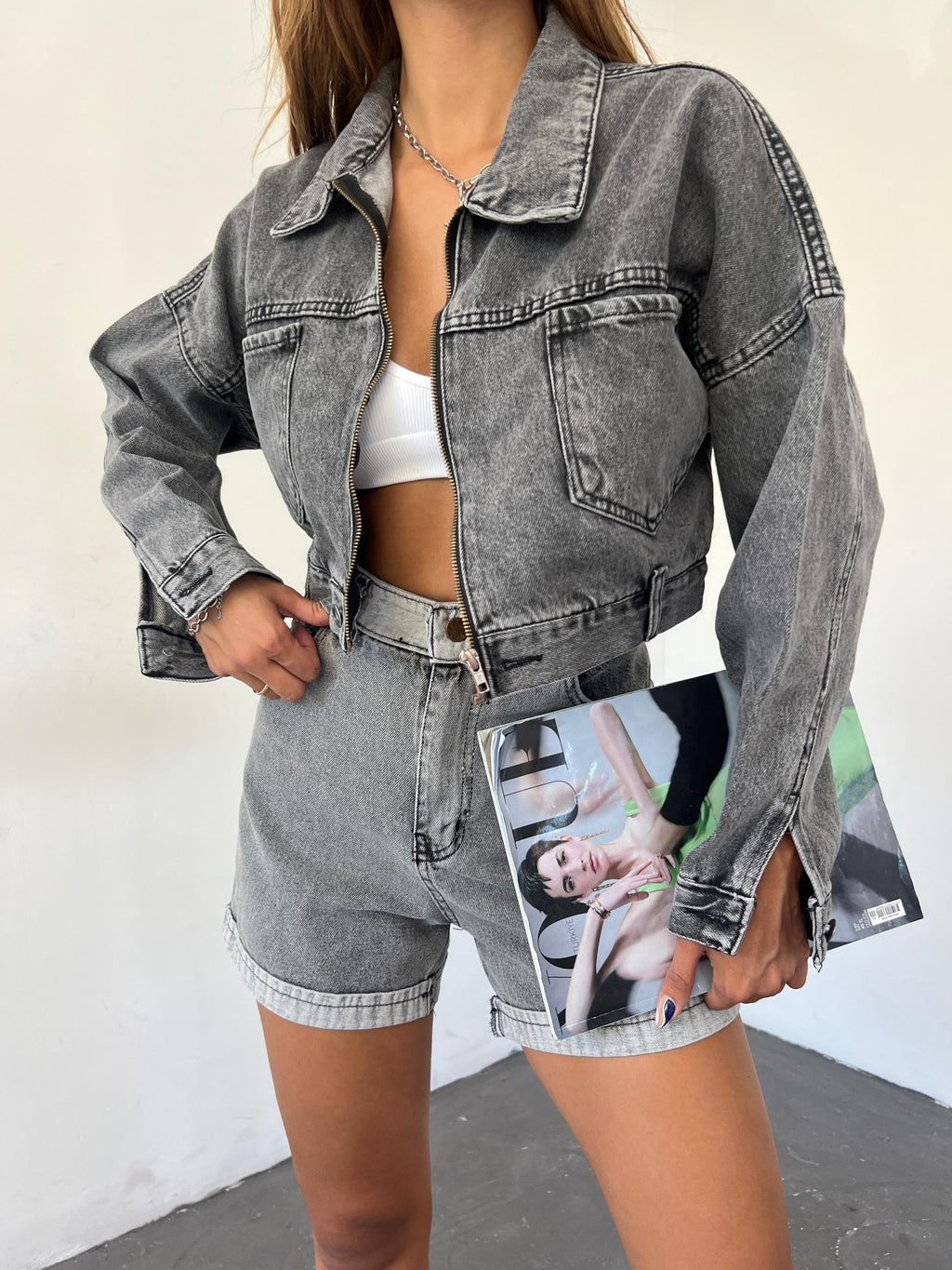 Fermuarlı Çift Cepli Denim Ceket