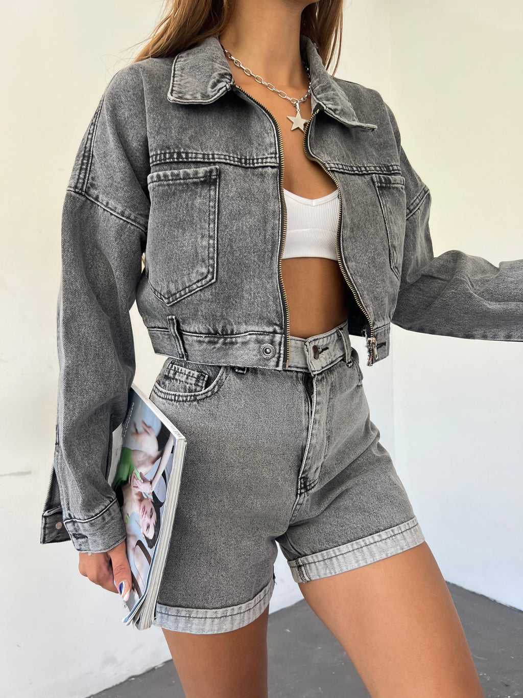 Fermuarlı Çift Cepli Denim Ceket