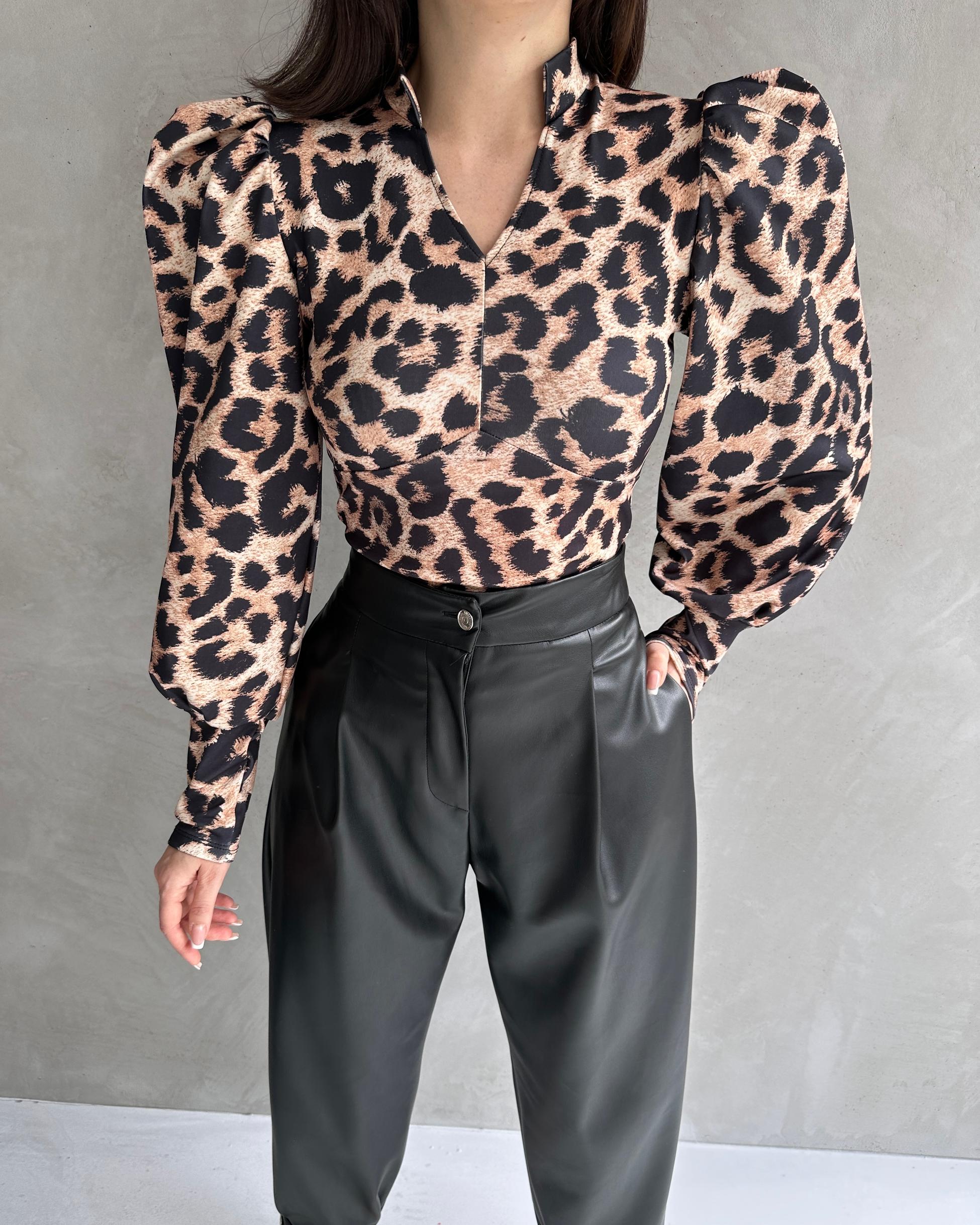 Hakim Yaka Leopar Desenli Dalgıç Bluz