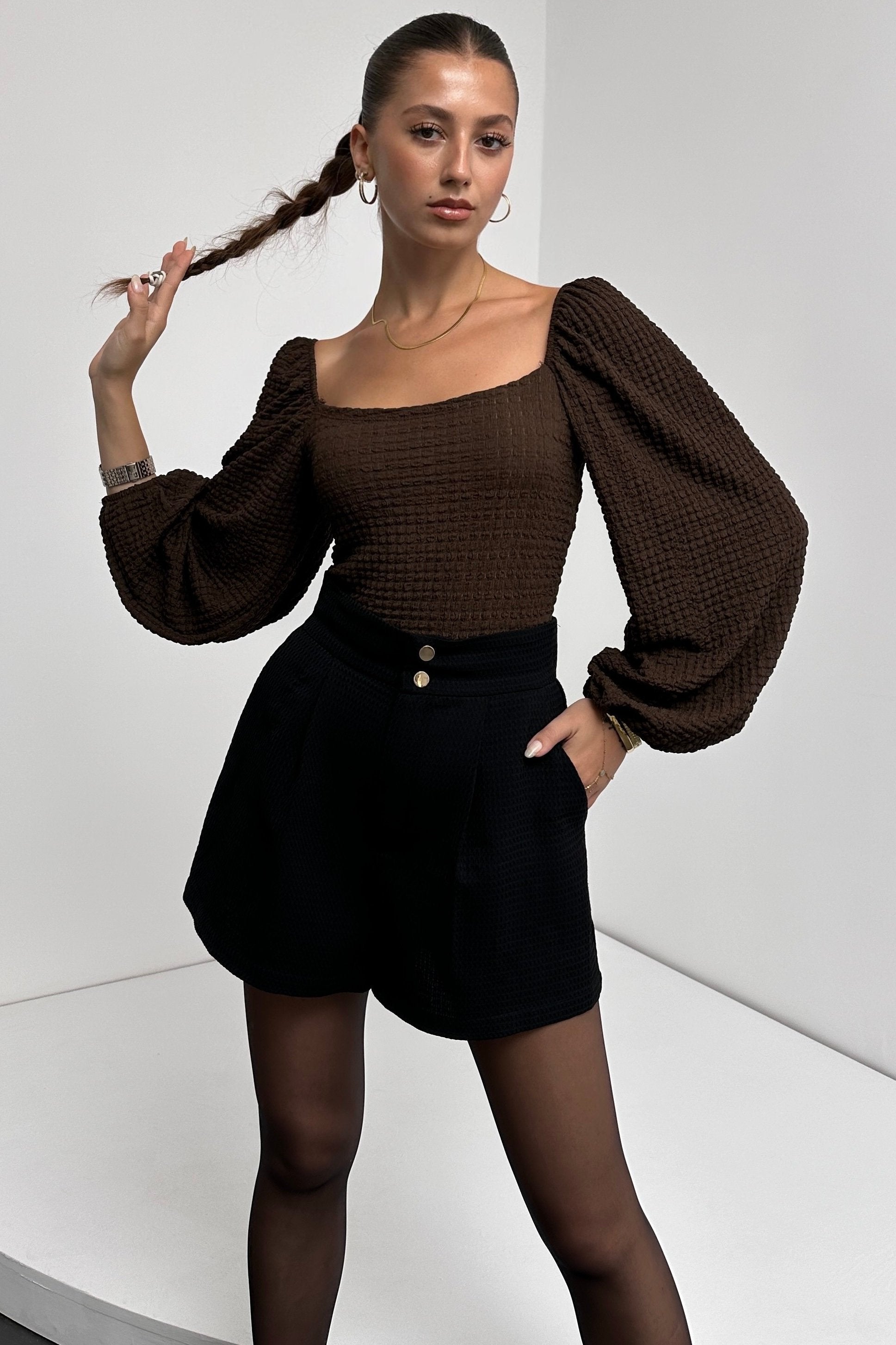 Kare Yaka Balon Kol Bluz