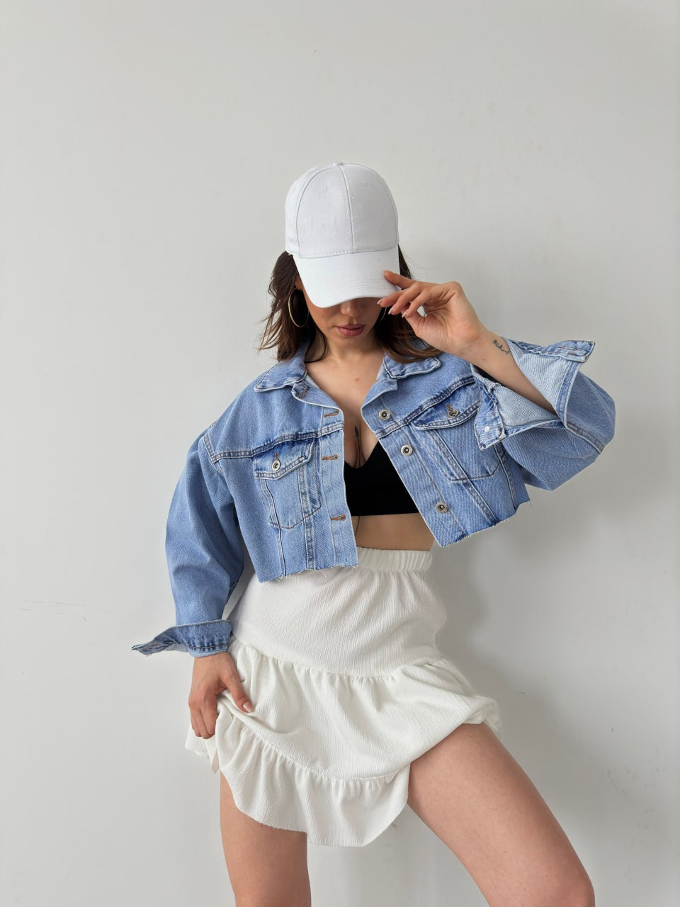 Çift Cepli Yıkamalı Crop Denim Ceket