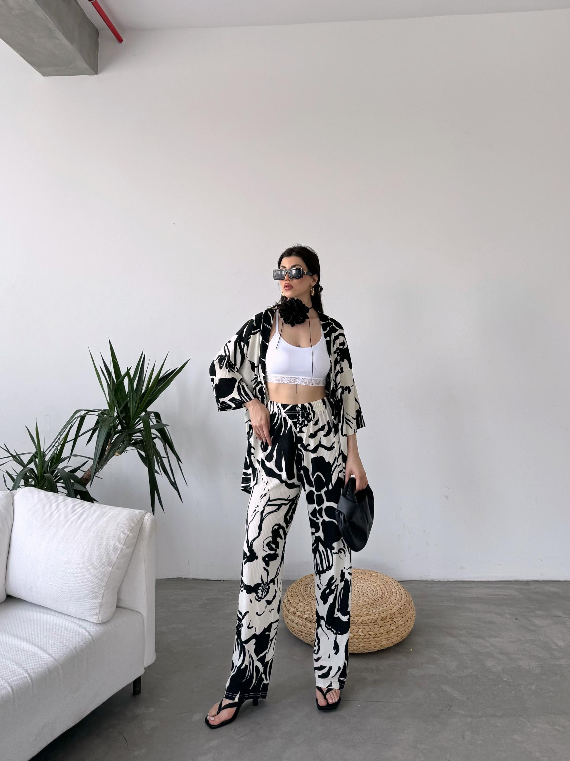Desenli Kimono Ve Pantolon İkili Takım