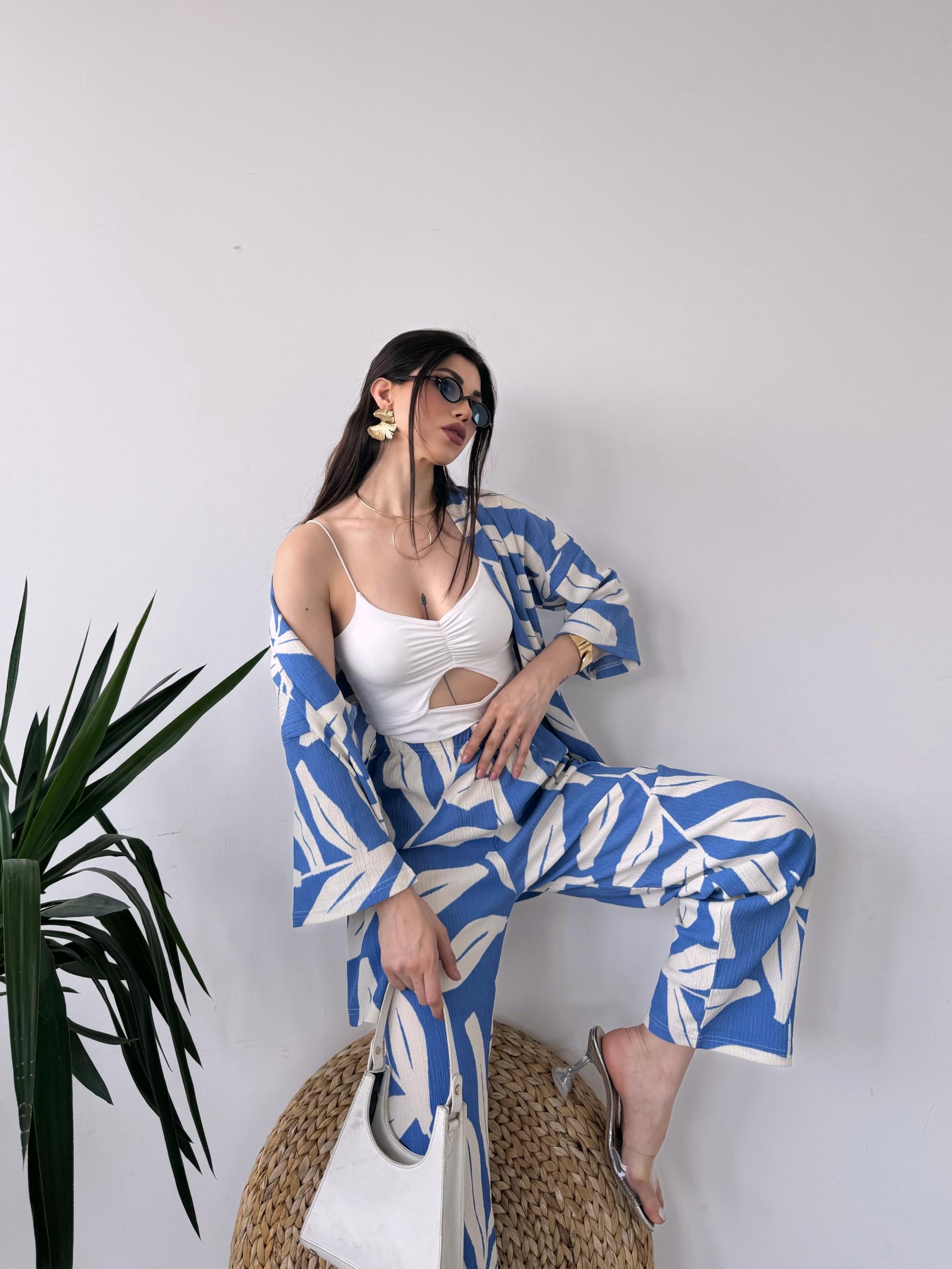 Desenli Kimono Ve Pantolon İkili Takım