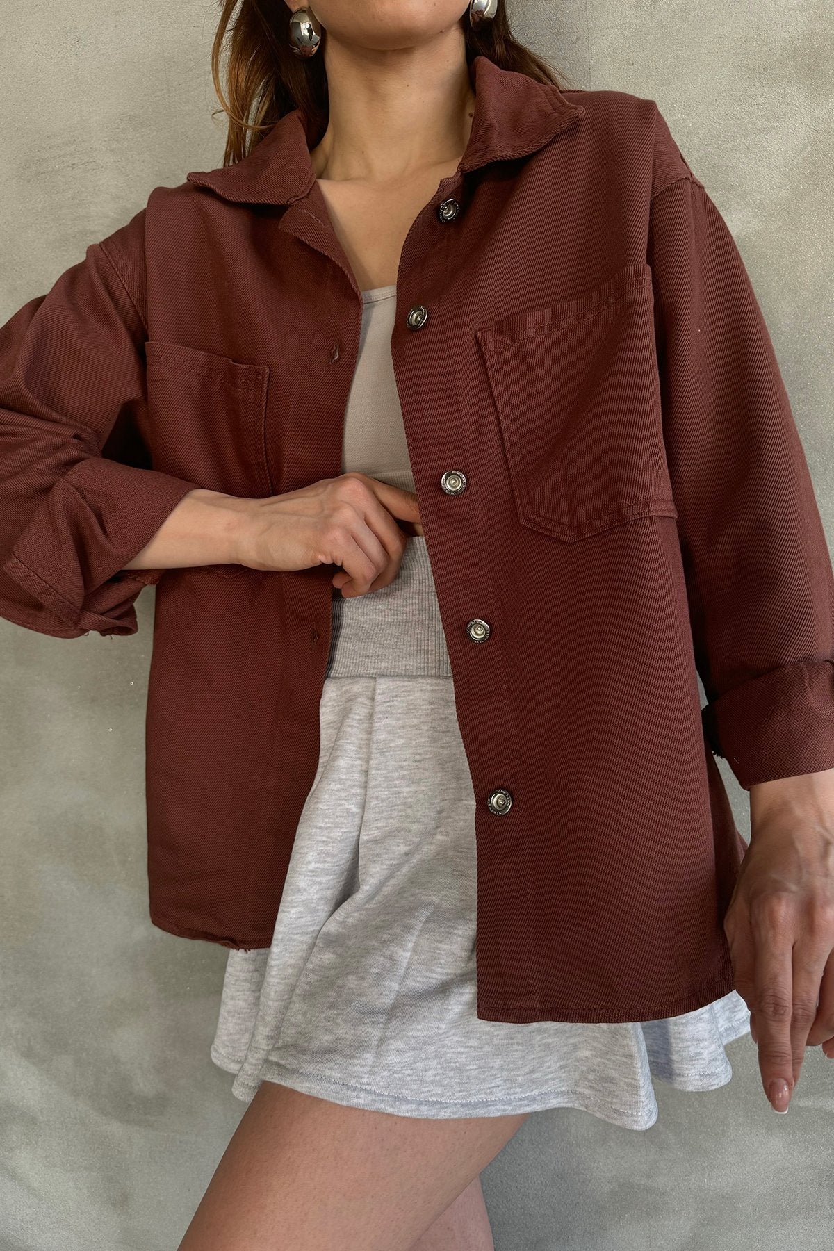 Çift Cepli Oversize Denim Gömlek Ceket