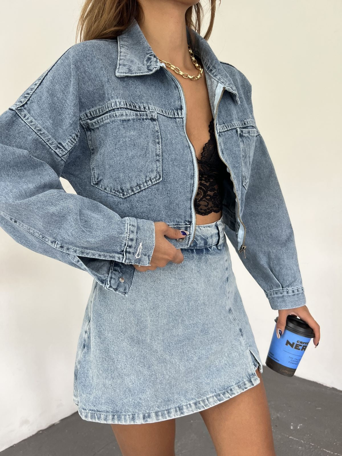 Fermuarlı Çift Cepli Denim Ceket