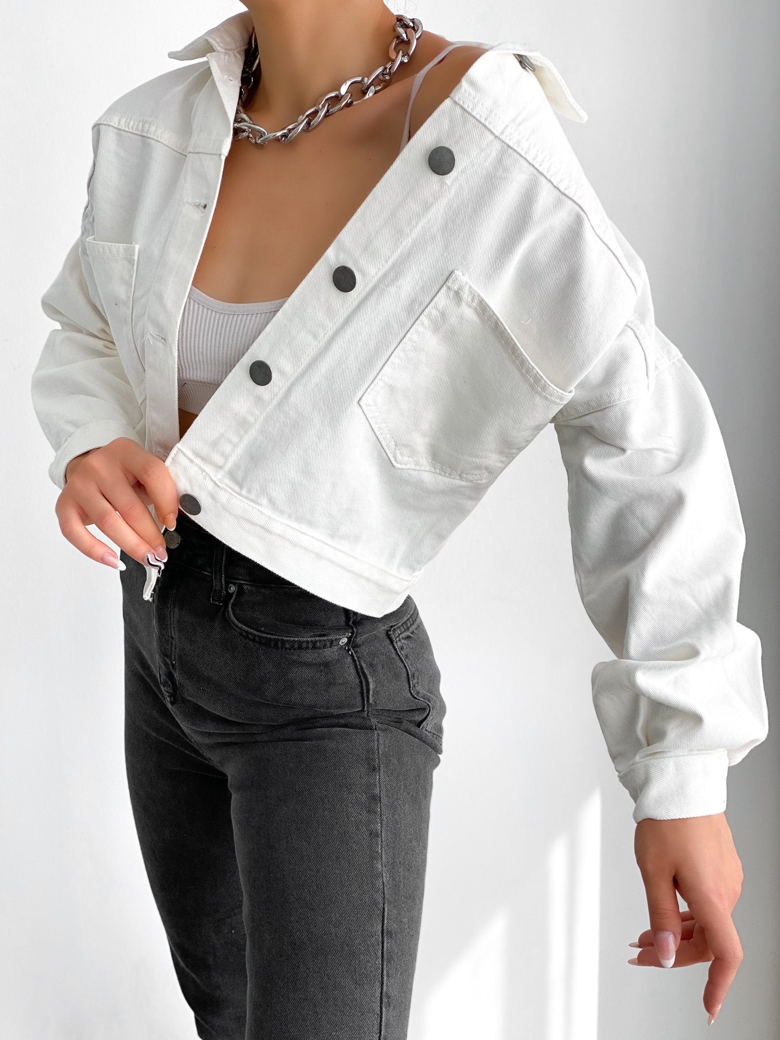 Çift Cepli Denim Crop Ceket