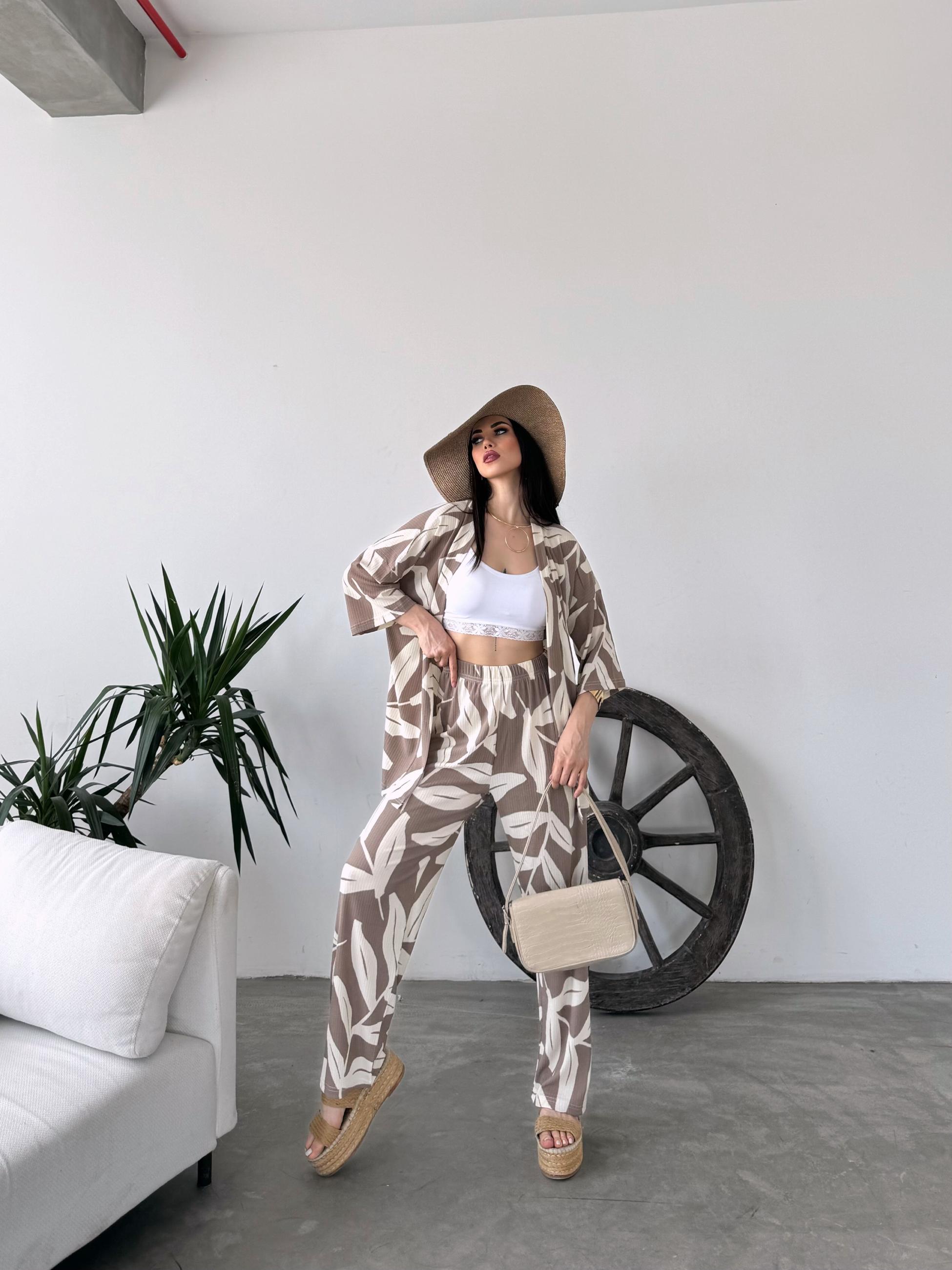 Desenli Kimono Ve Pantolon İkili Takım