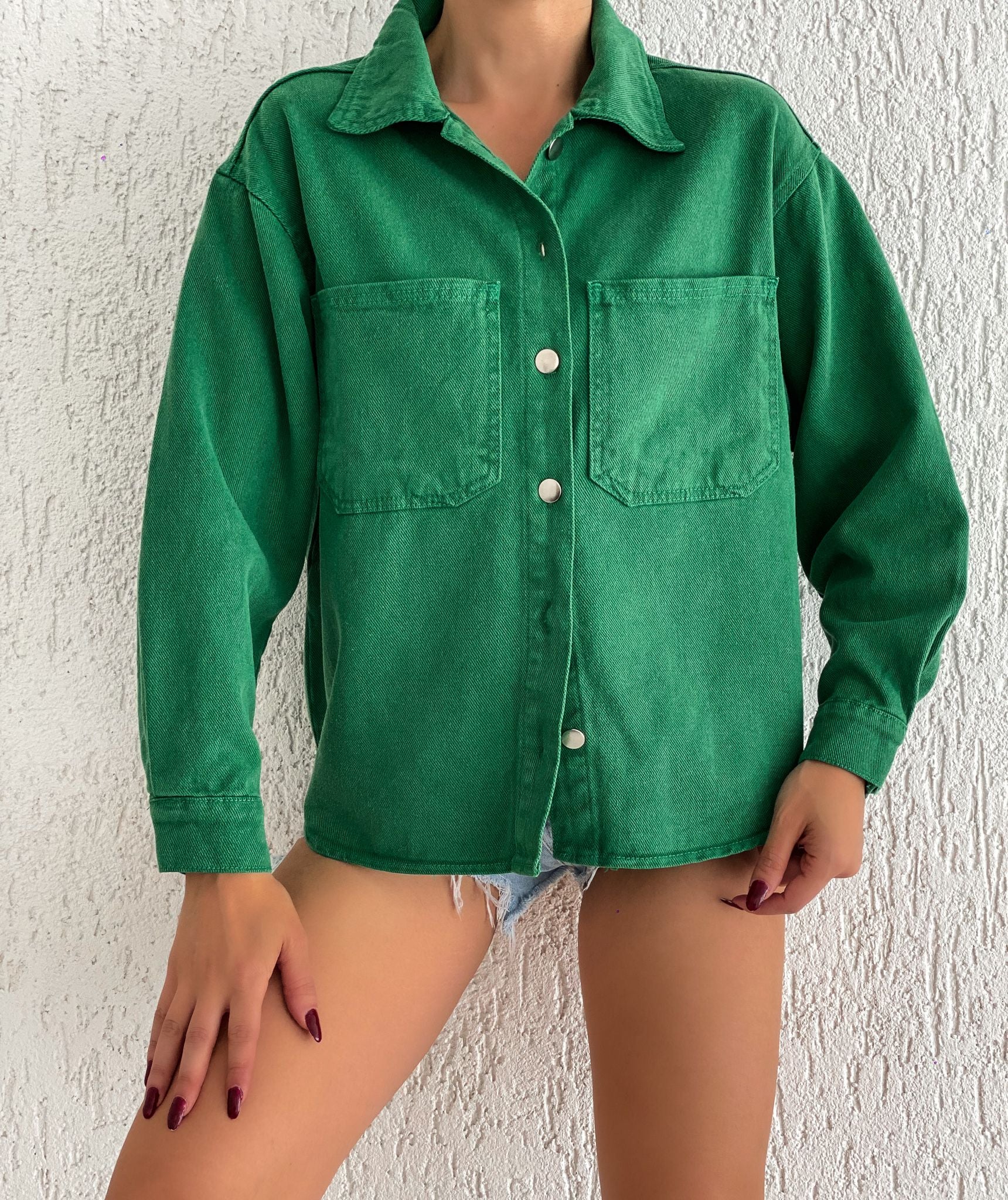 Çift Cepli Oversize Denim Gömlek Ceket