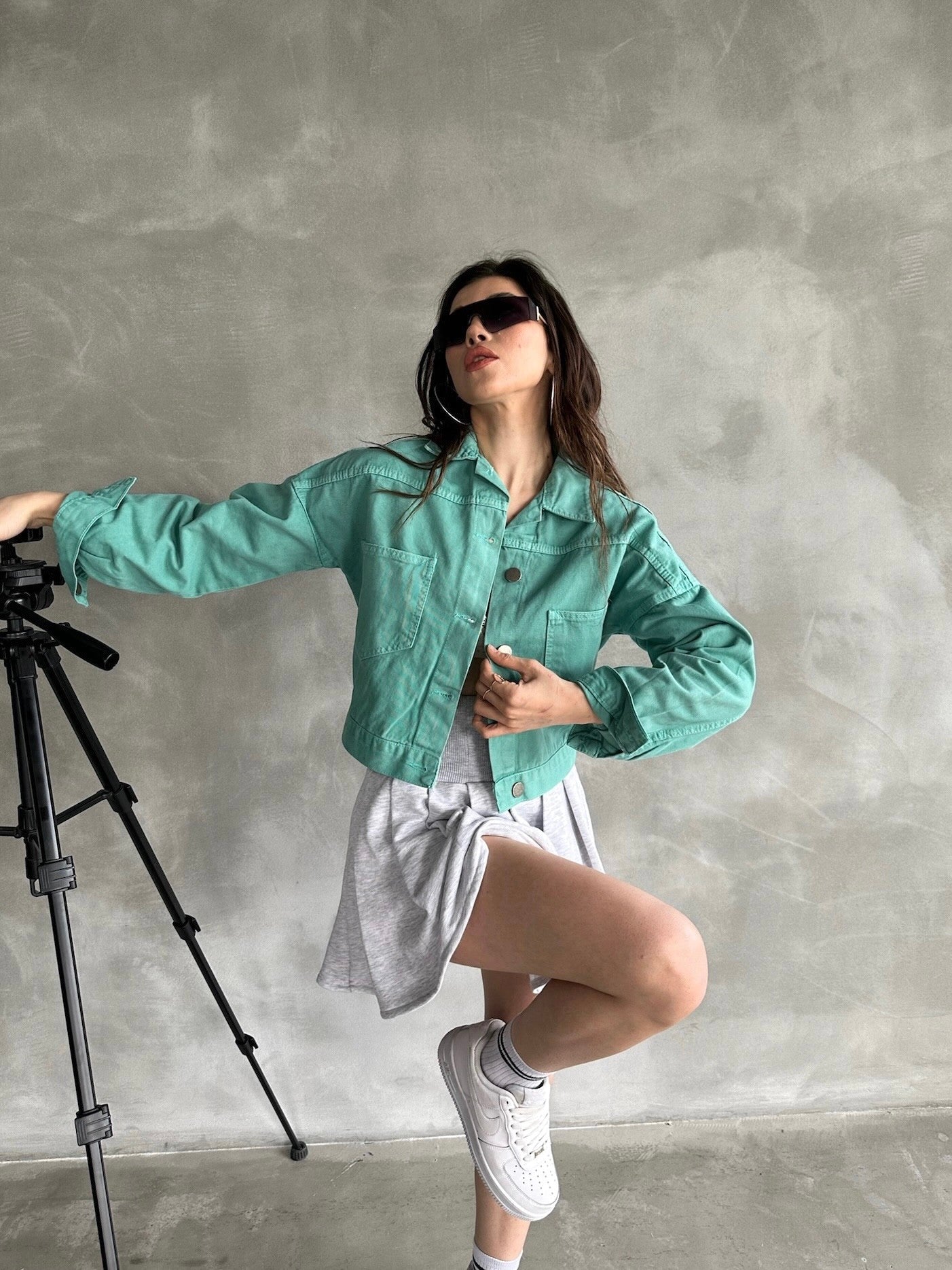 Çift Cepli Denim Crop Ceket