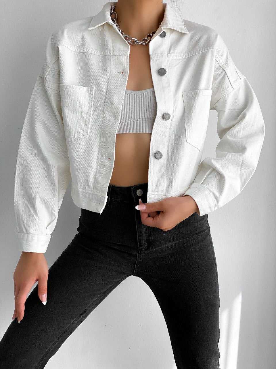 Çift Cepli Denim Crop Ceket