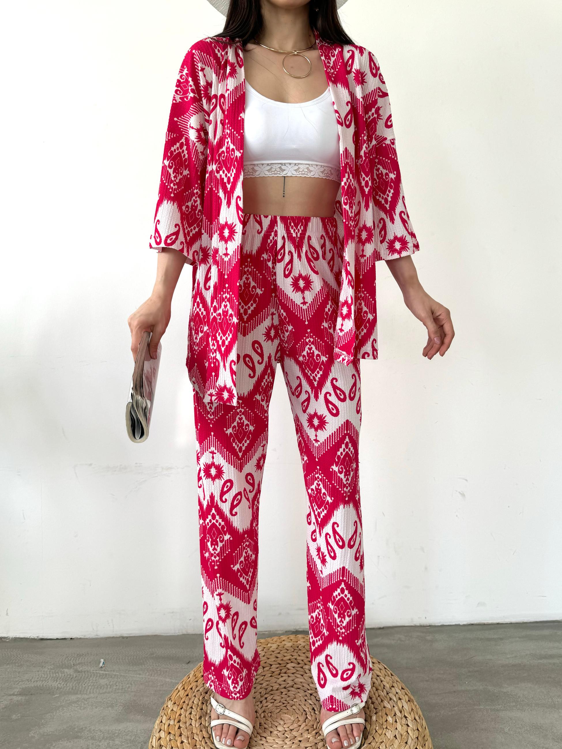 Desenli Kimono Ve Pantolon İkili Takım