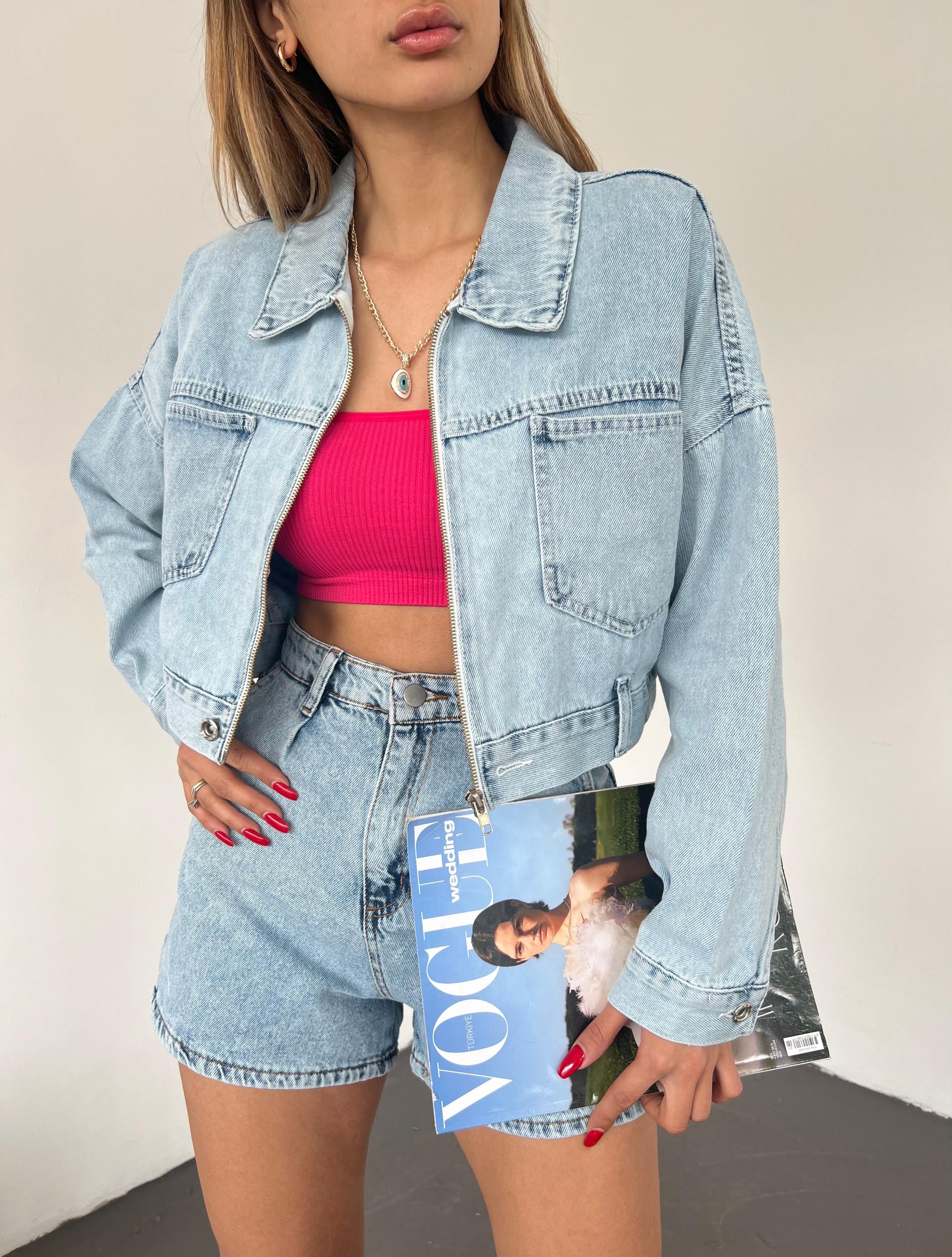 Fermuarlı Çift Cepli Denim Ceket