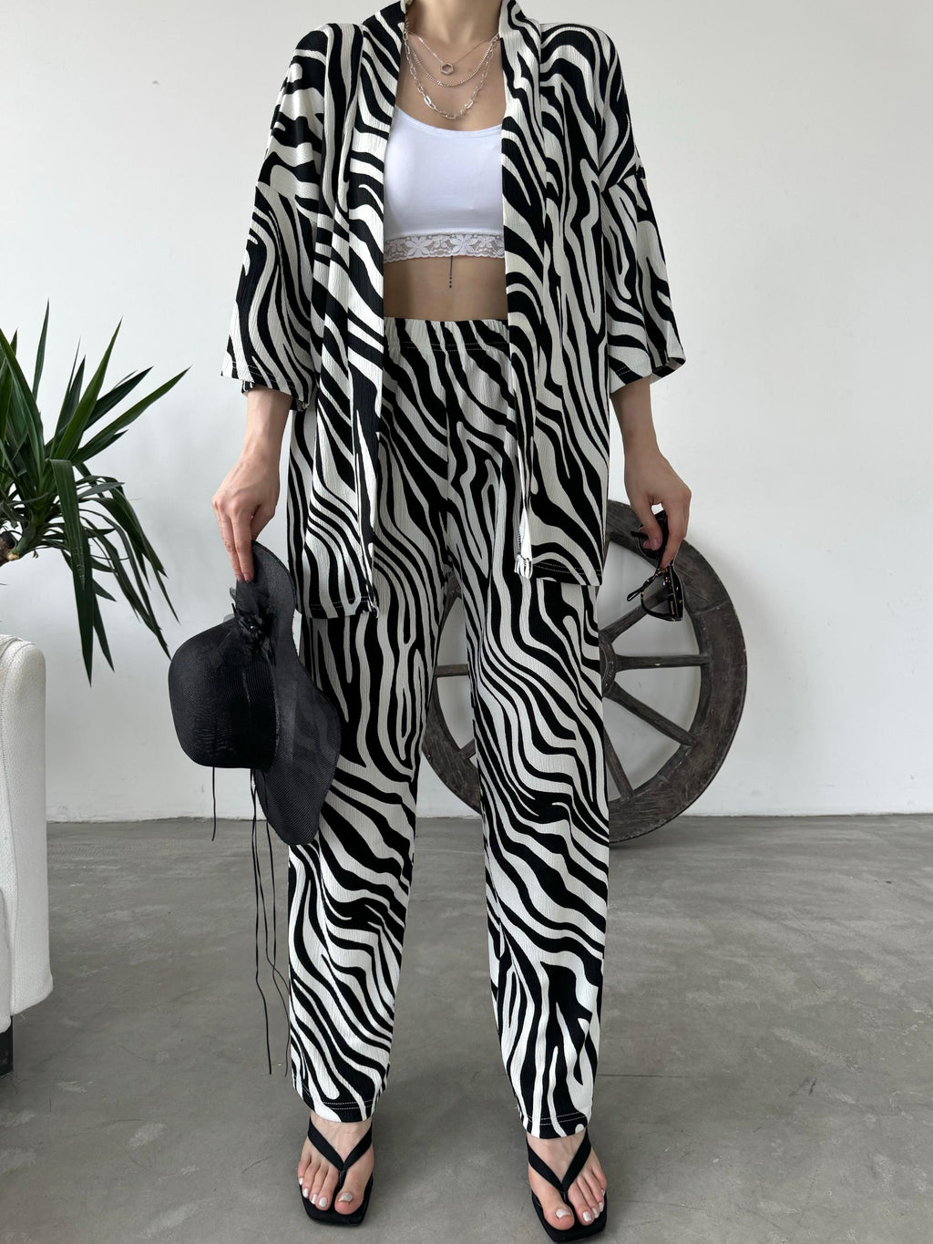 Desenli Kimono Ve Pantolon İkili Takım