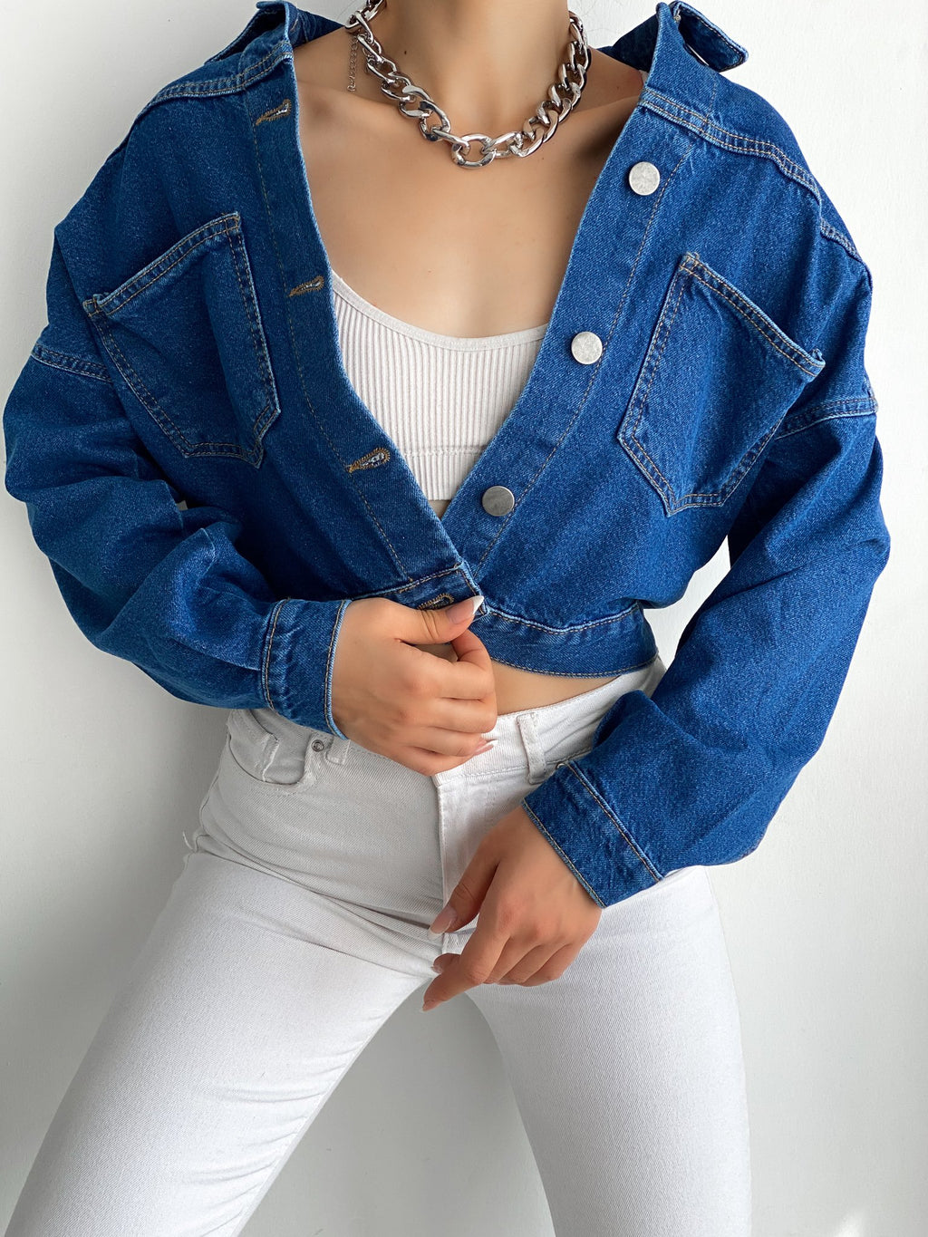 Çift Cepli Denim Crop Ceket