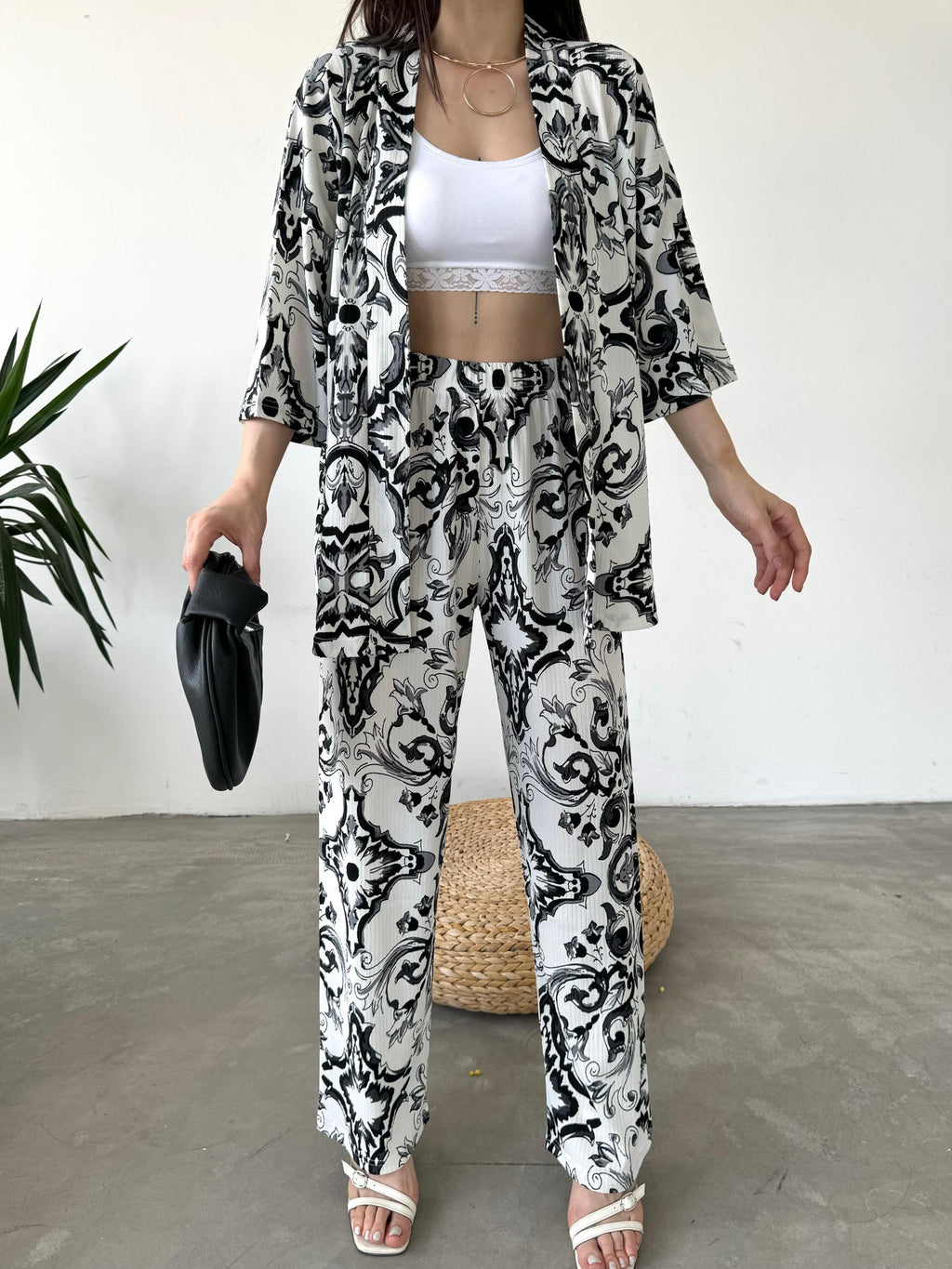 Desenli Kimono Ve Pantolon İkili Takım