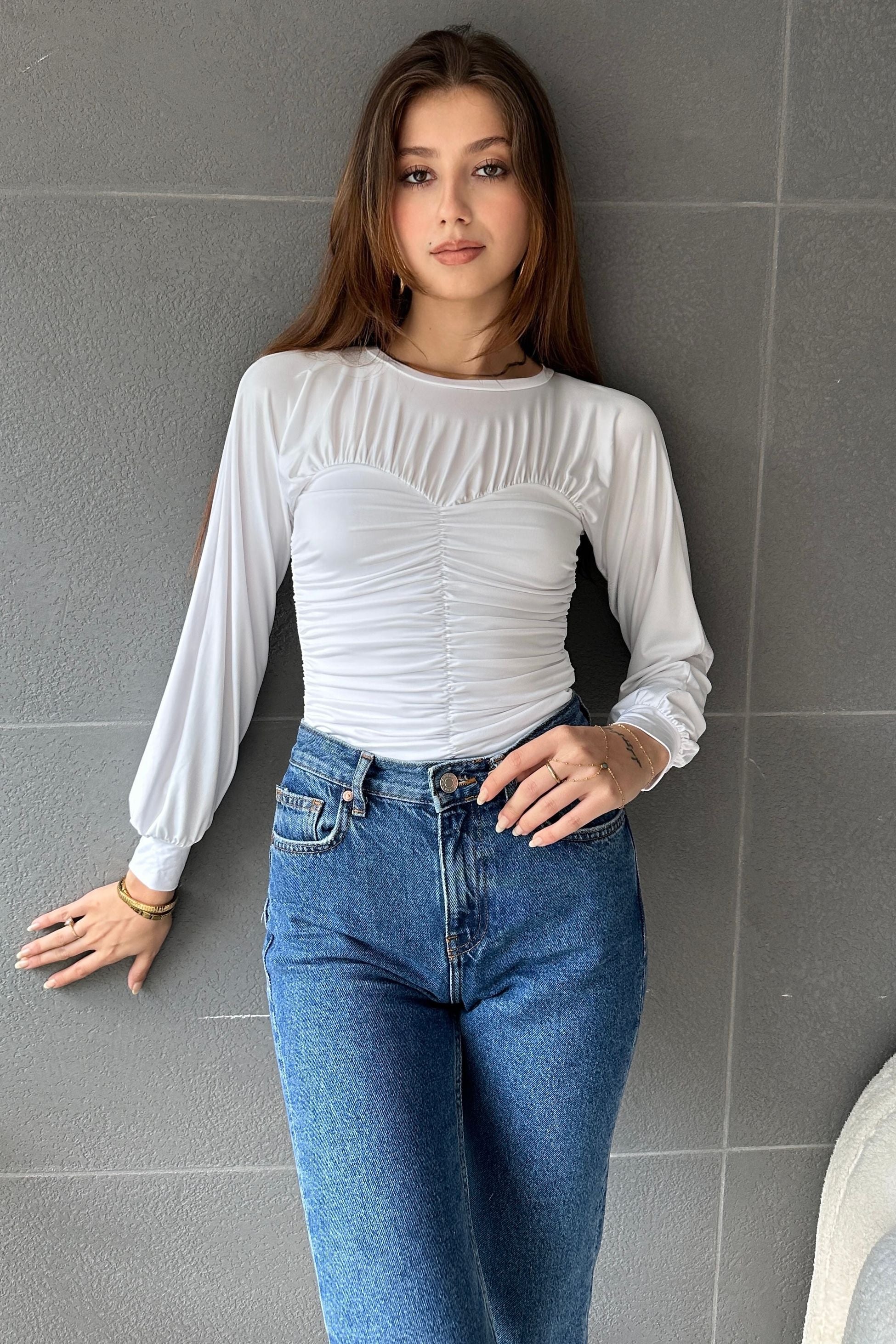 Bisiklet Yaka Drape Detaylı Bluz