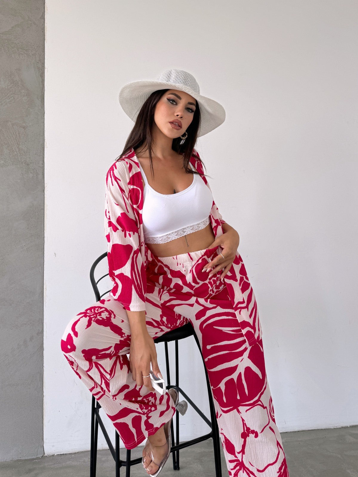Desenli Kimono Ve Pantolon İkili Takım