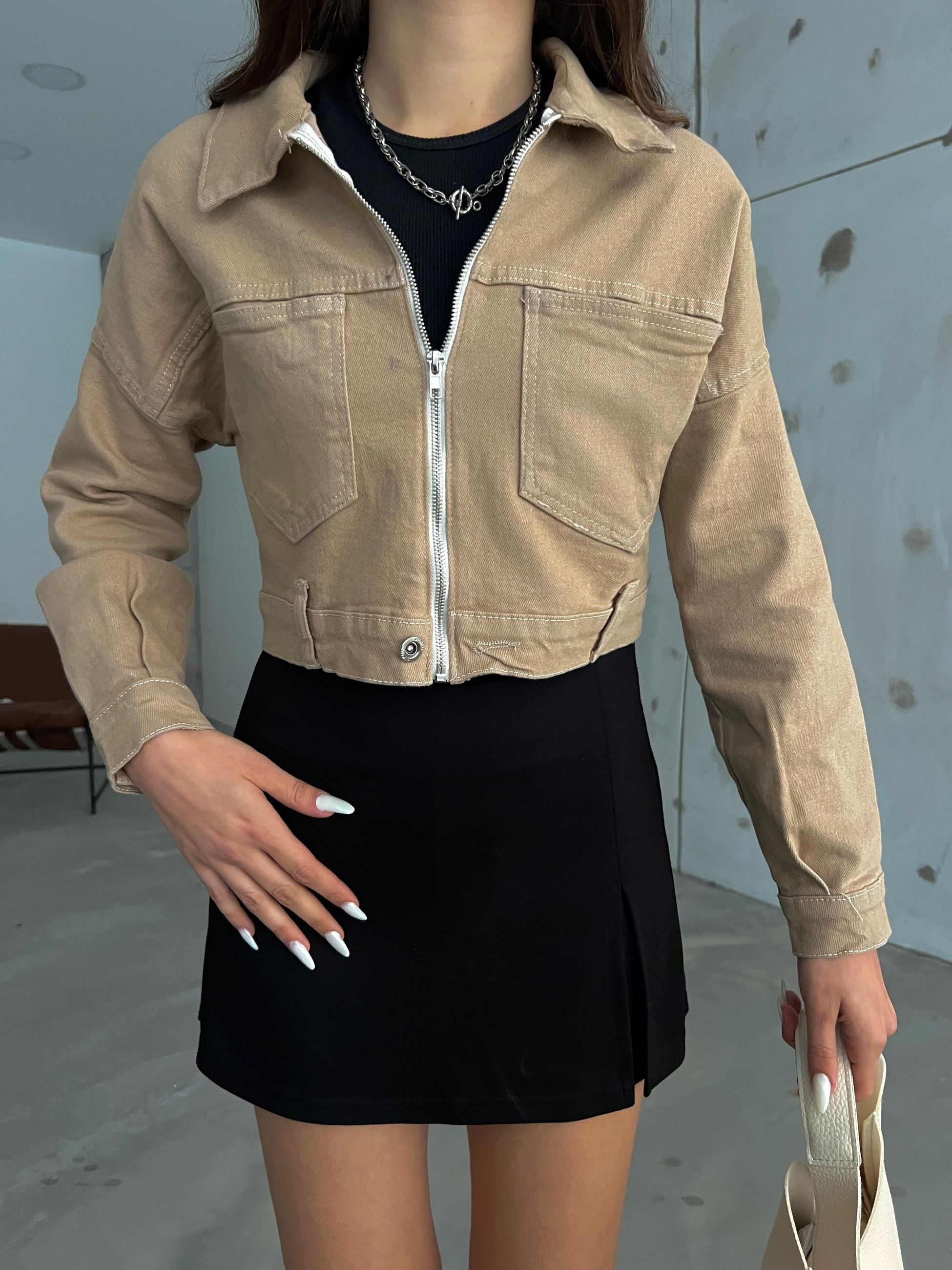Fermuarlı Çift Cepli Denim Ceket