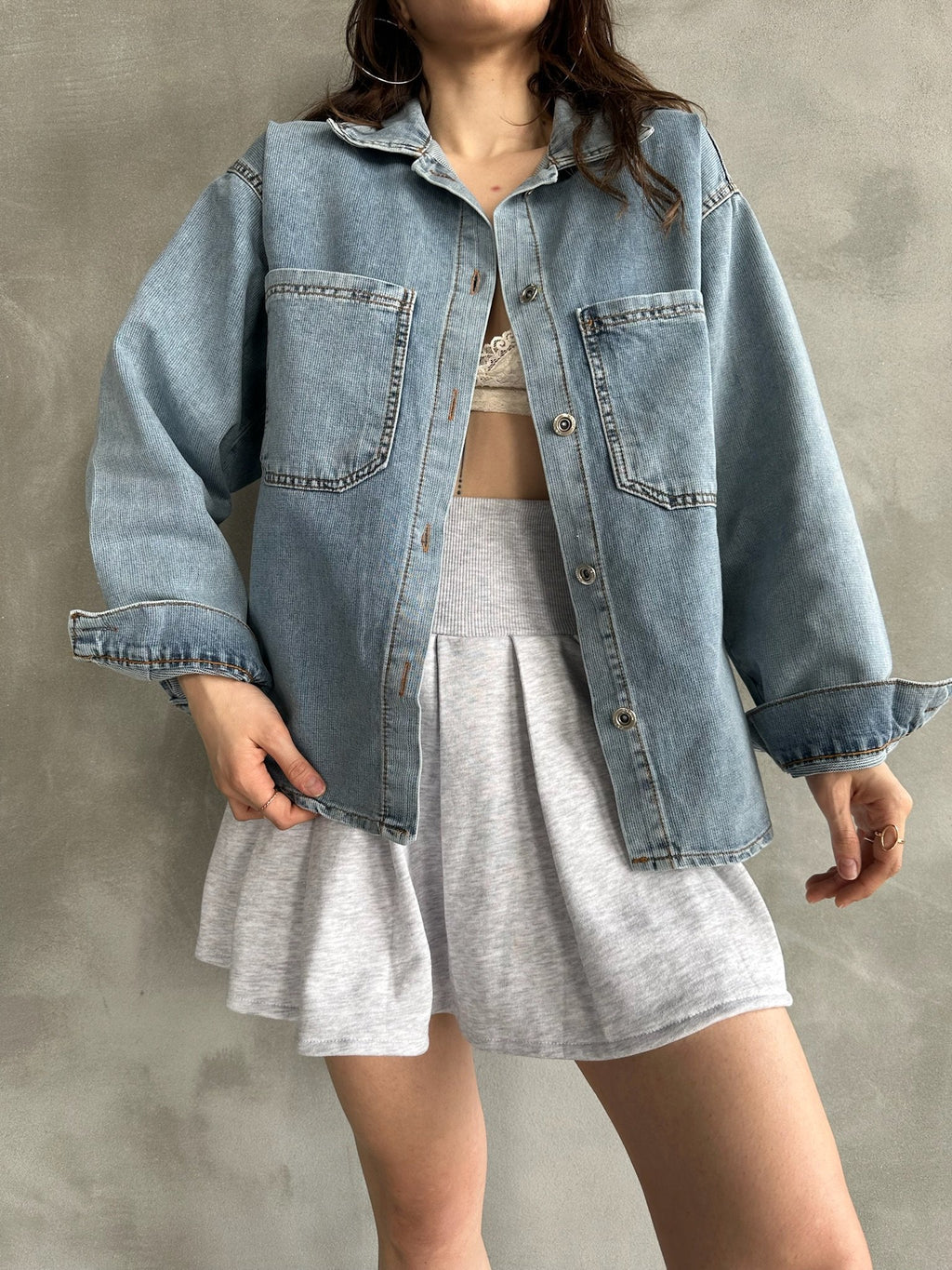 Çift Cepli Oversize Denim Gömlek Ceket