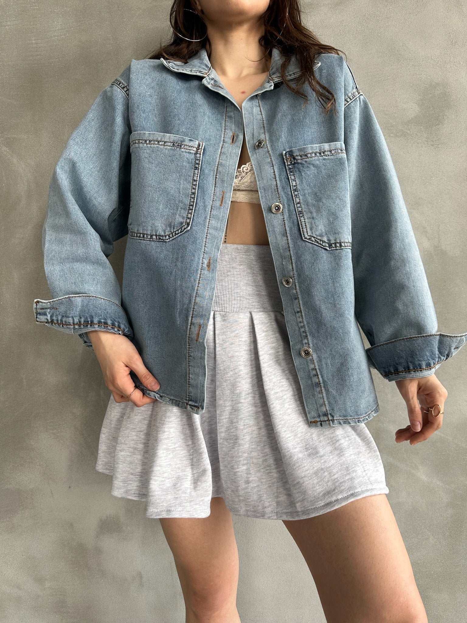 Çift Cepli Oversize Denim Gömlek Ceket